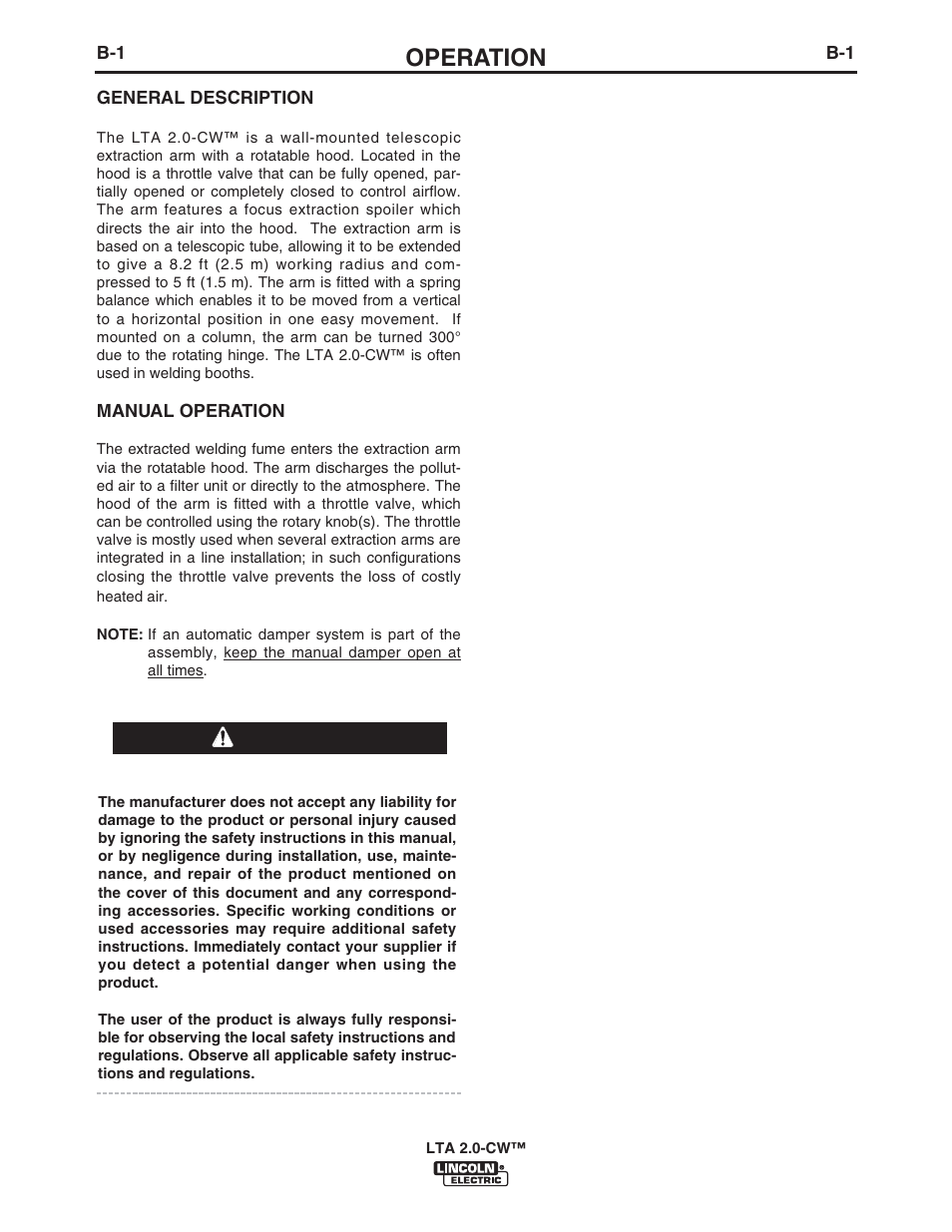 Operation, Warning | Lincoln Electric IM10108 LTA 2.0-CW TELESCOPIC EXTRACTION ARM User Manual | Page 13 / 22
