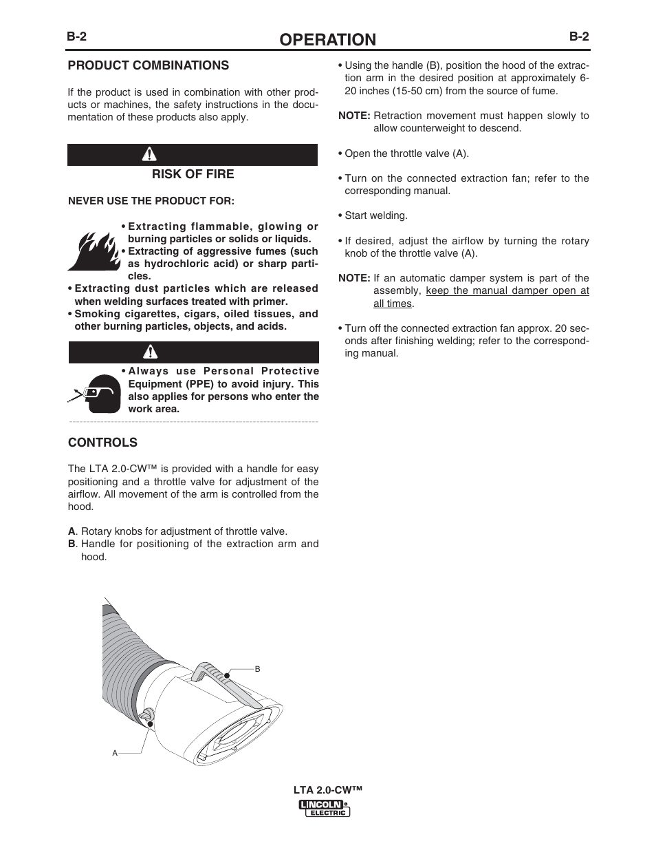 Operation, Warning | Lincoln Electric IM10108 LTA 2.0-CW TELESCOPIC EXTRACTION ARM User Manual | Page 14 / 22