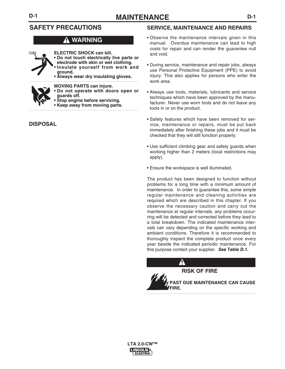 Maintenance, Safety precautions, Warning | Lincoln Electric IM10108 LTA 2.0-CW TELESCOPIC EXTRACTION ARM User Manual | Page 16 / 22