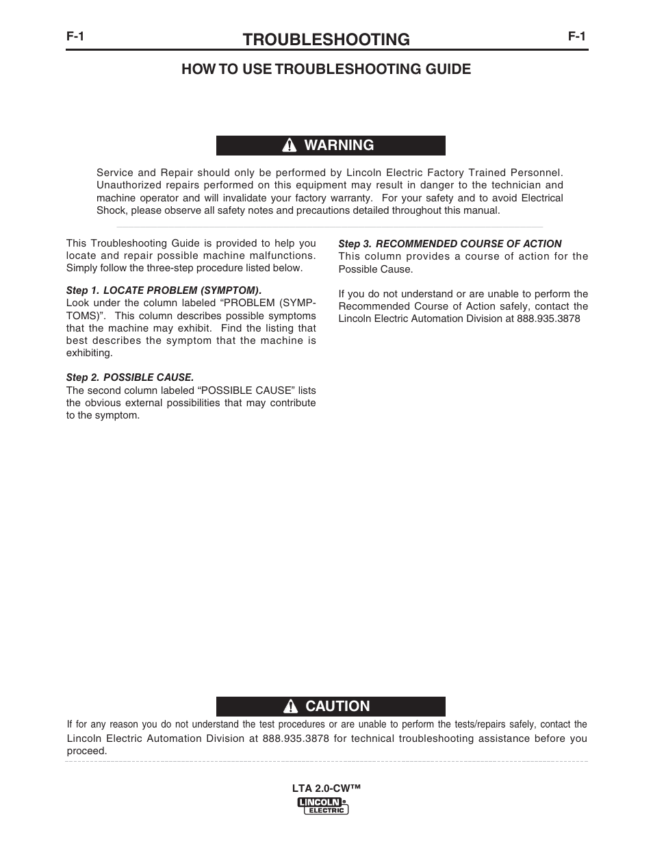 Troubleshooting, Caution, How to use troubleshooting guide | Warning | Lincoln Electric IM10108 LTA 2.0-CW TELESCOPIC EXTRACTION ARM User Manual | Page 18 / 22