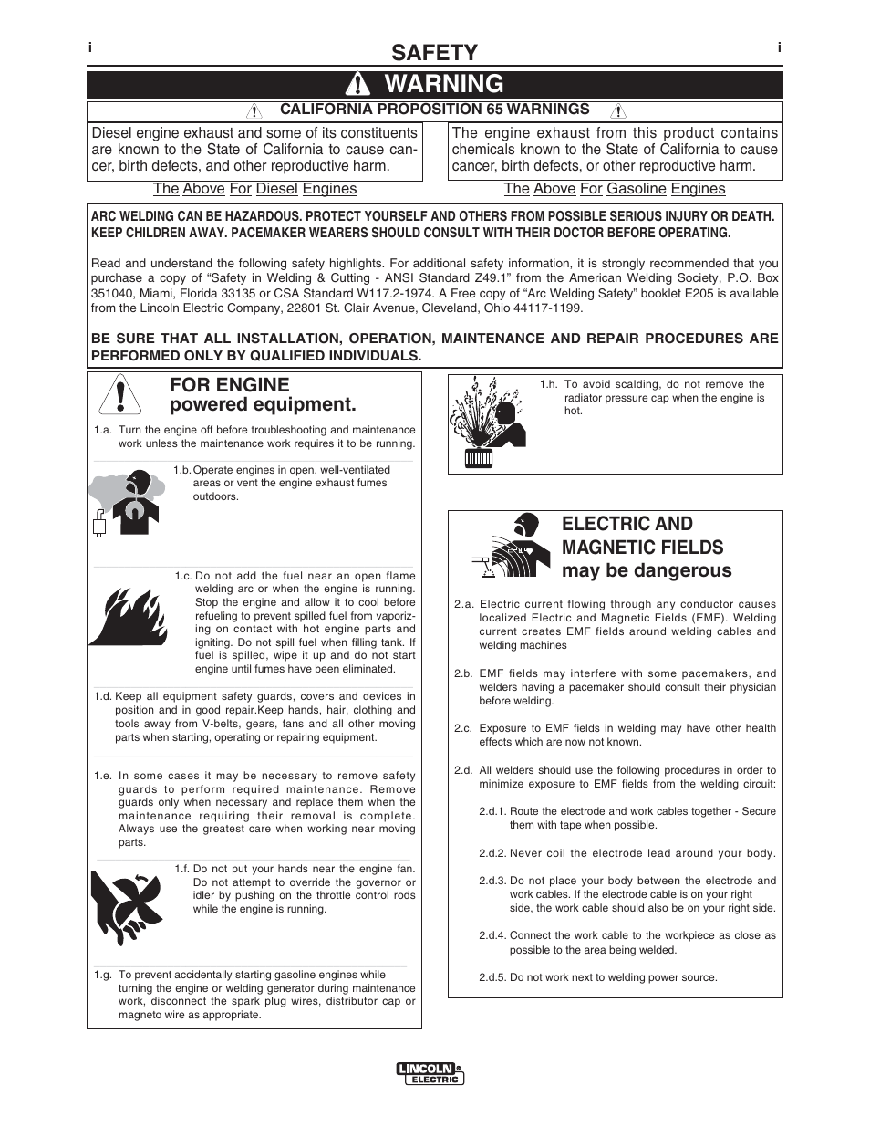 Warning, Safety, For engine powered equipment | Electric and magnetic fields may be dangerous | Lincoln Electric IM10108 LTA 2.0-CW TELESCOPIC EXTRACTION ARM User Manual | Page 2 / 22
