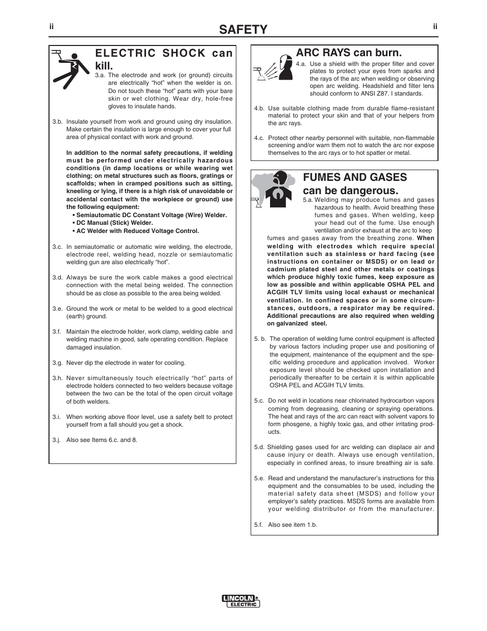 Safety, Arc rays can burn, Electric shock can kill | Fumes and gases can be dangerous | Lincoln Electric IM10108 LTA 2.0-CW TELESCOPIC EXTRACTION ARM User Manual | Page 3 / 22