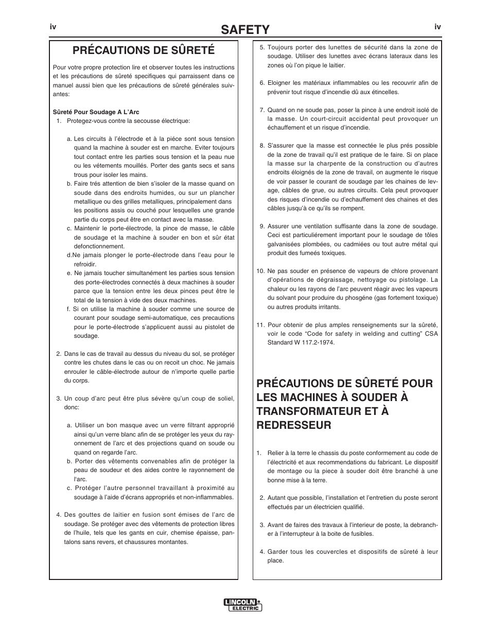 Safety, Précautions de sûreté | Lincoln Electric IM10108 LTA 2.0-CW TELESCOPIC EXTRACTION ARM User Manual | Page 5 / 22