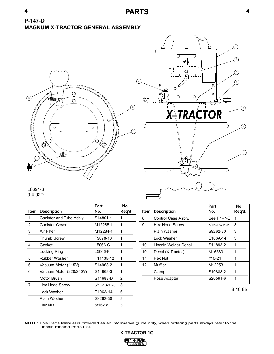 Parts, P-147-d magnum x-tractor general assembly 4 | Lincoln Electric IM281 MAGNUM X-Tractor 1G User Manual | Page 20 / 23