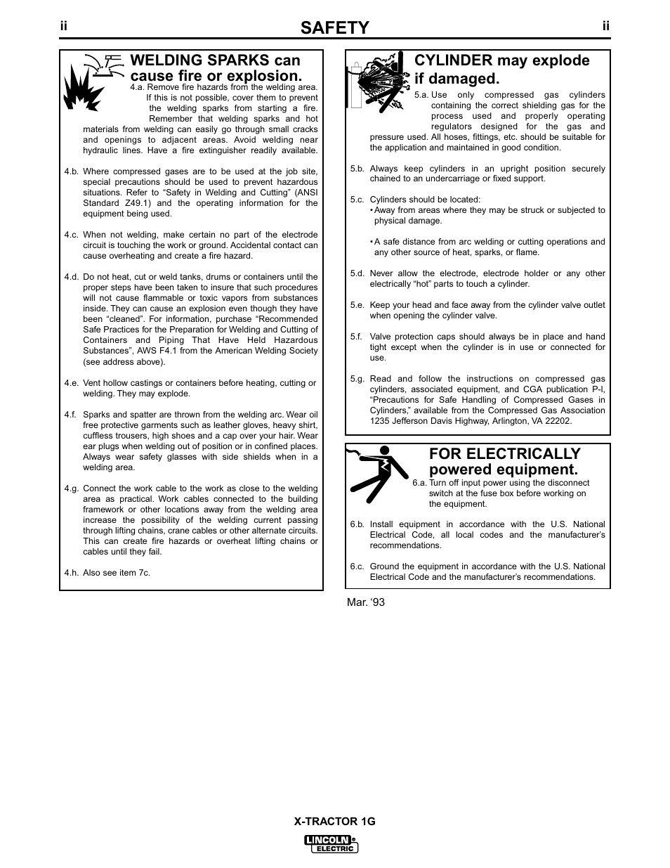 Safety, For electrically powered equipment, Cylinder may explode if damaged | Welding sparks can cause fire or explosion | Lincoln Electric IM281 MAGNUM X-Tractor 1G User Manual | Page 3 / 23