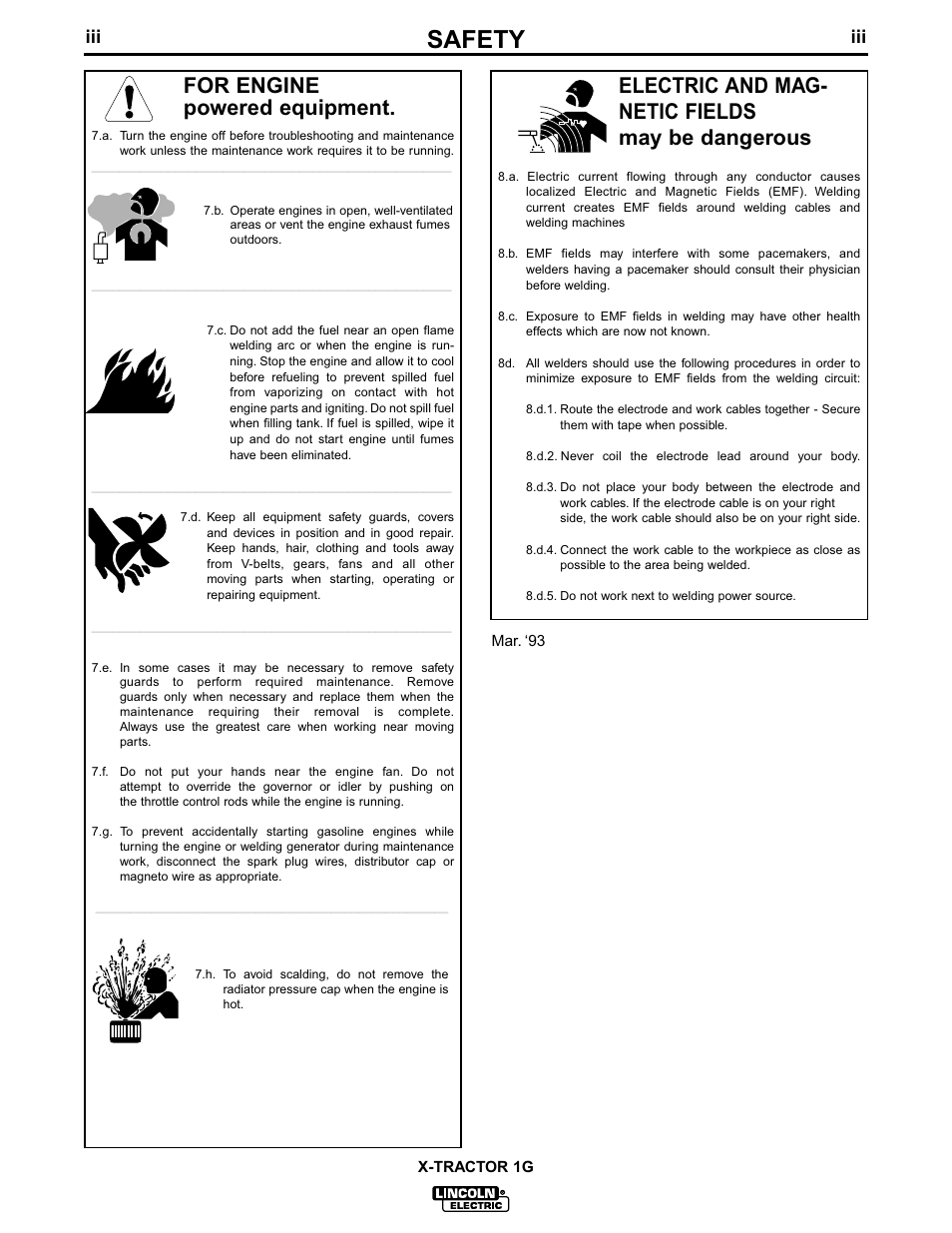 Safety, Electric and mag- netic fields may be dangerous, For engine powered equipment | Lincoln Electric IM281 MAGNUM X-Tractor 1G User Manual | Page 4 / 23