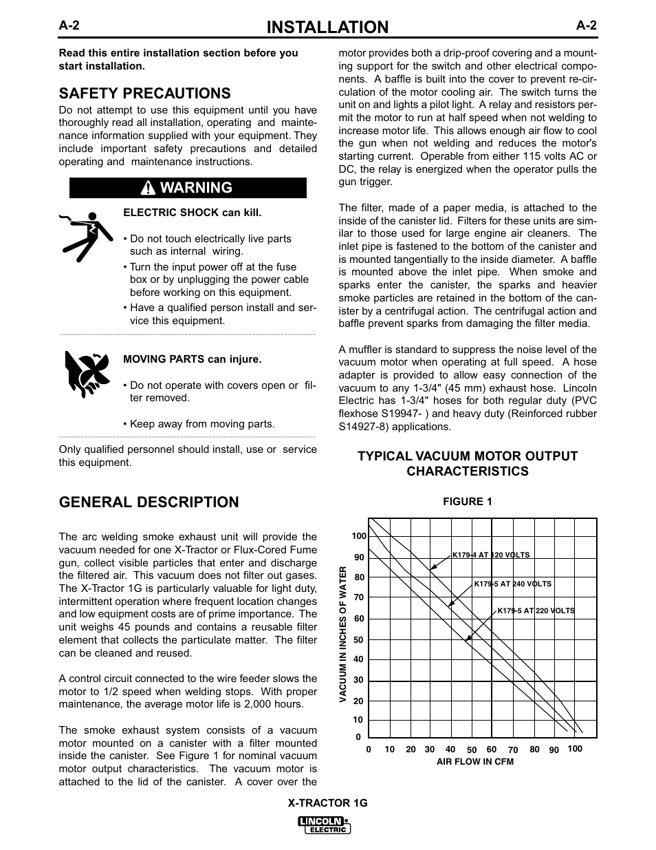 Installation, Safety precautions, General description | Warning, Typical vacuum motor output characteristics | Lincoln Electric IM281 MAGNUM X-Tractor 1G User Manual | Page 9 / 23