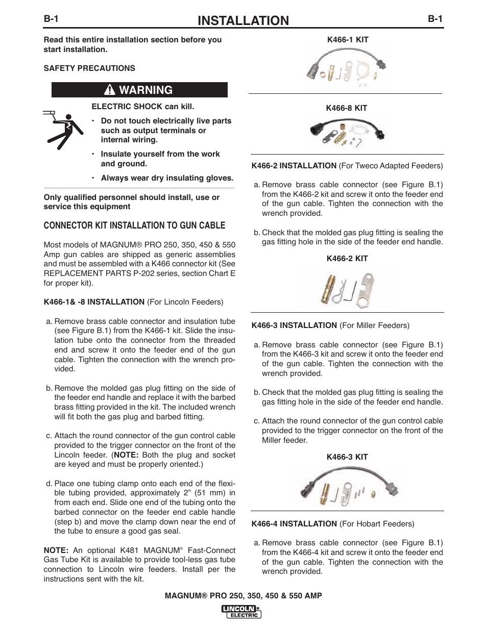 Installation, Warning | Lincoln Electric IM10009 MAGNUM PRO 250_350_450_550 User Manual | Page 11 / 27