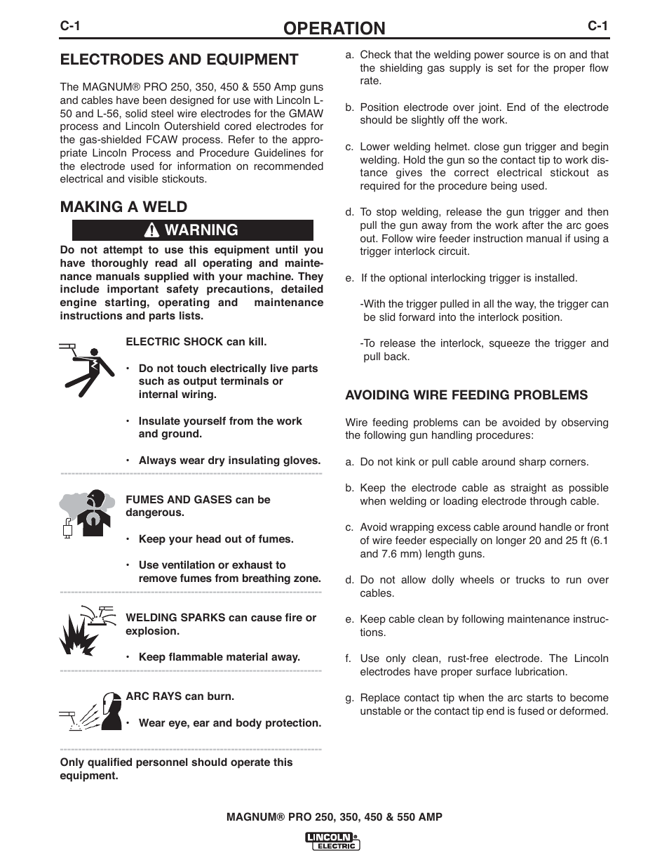 Operation, Electrodes and equipment, Making a weld | Warning | Lincoln Electric IM10009 MAGNUM PRO 250_350_450_550 User Manual | Page 16 / 27