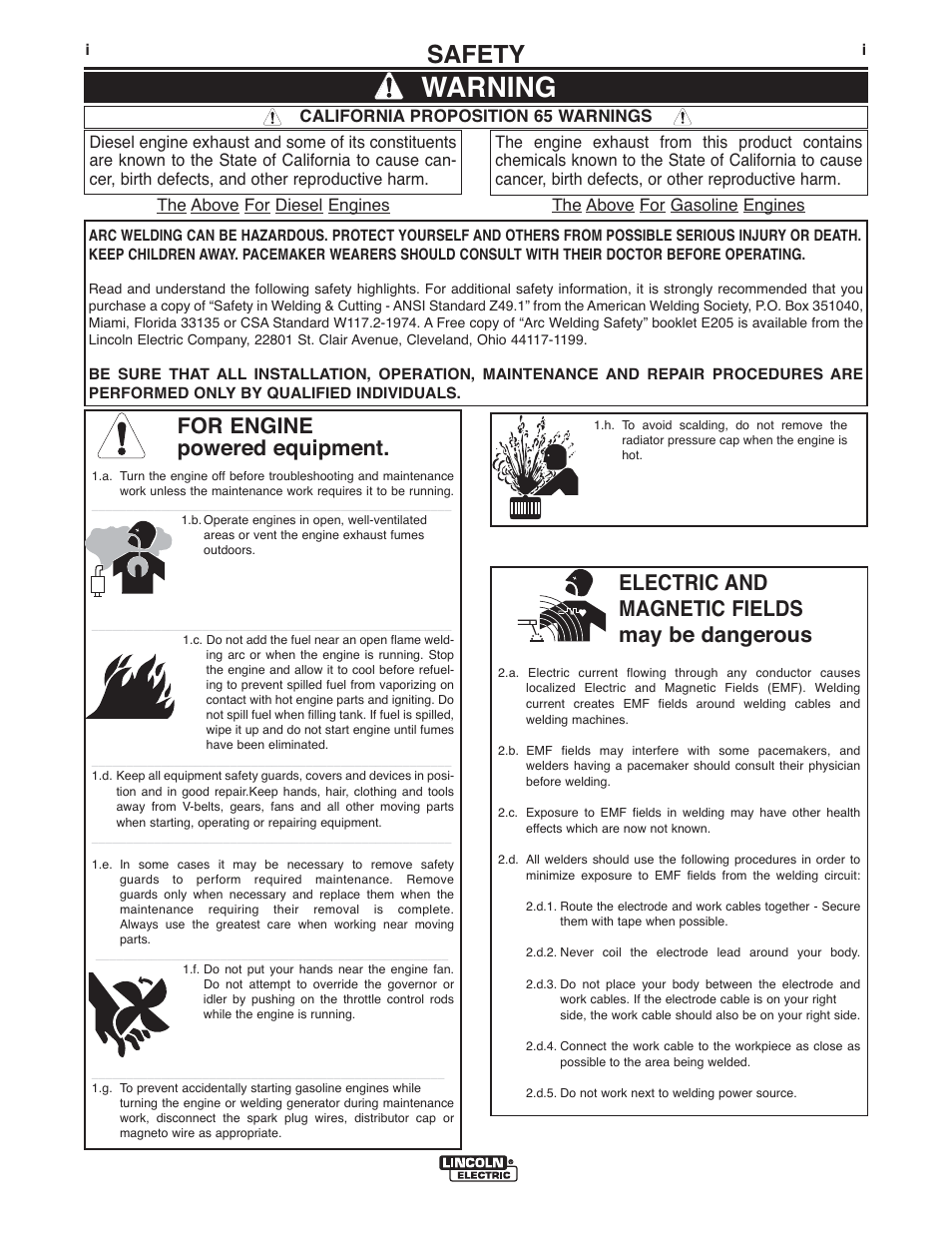 Warning, Safety, For engine powered equipment | Electric and magnetic fields may be dangerous | Lincoln Electric IM10009 MAGNUM PRO 250_350_450_550 User Manual | Page 2 / 27