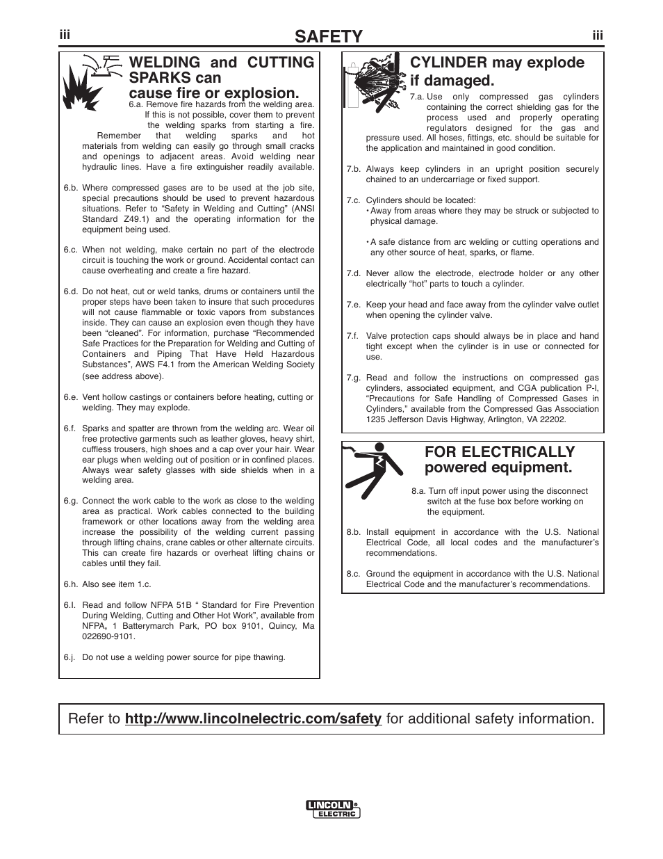 Safety, For electrically powered equipment, Cylinder may explode if damaged | Lincoln Electric IM10009 MAGNUM PRO 250_350_450_550 User Manual | Page 4 / 27