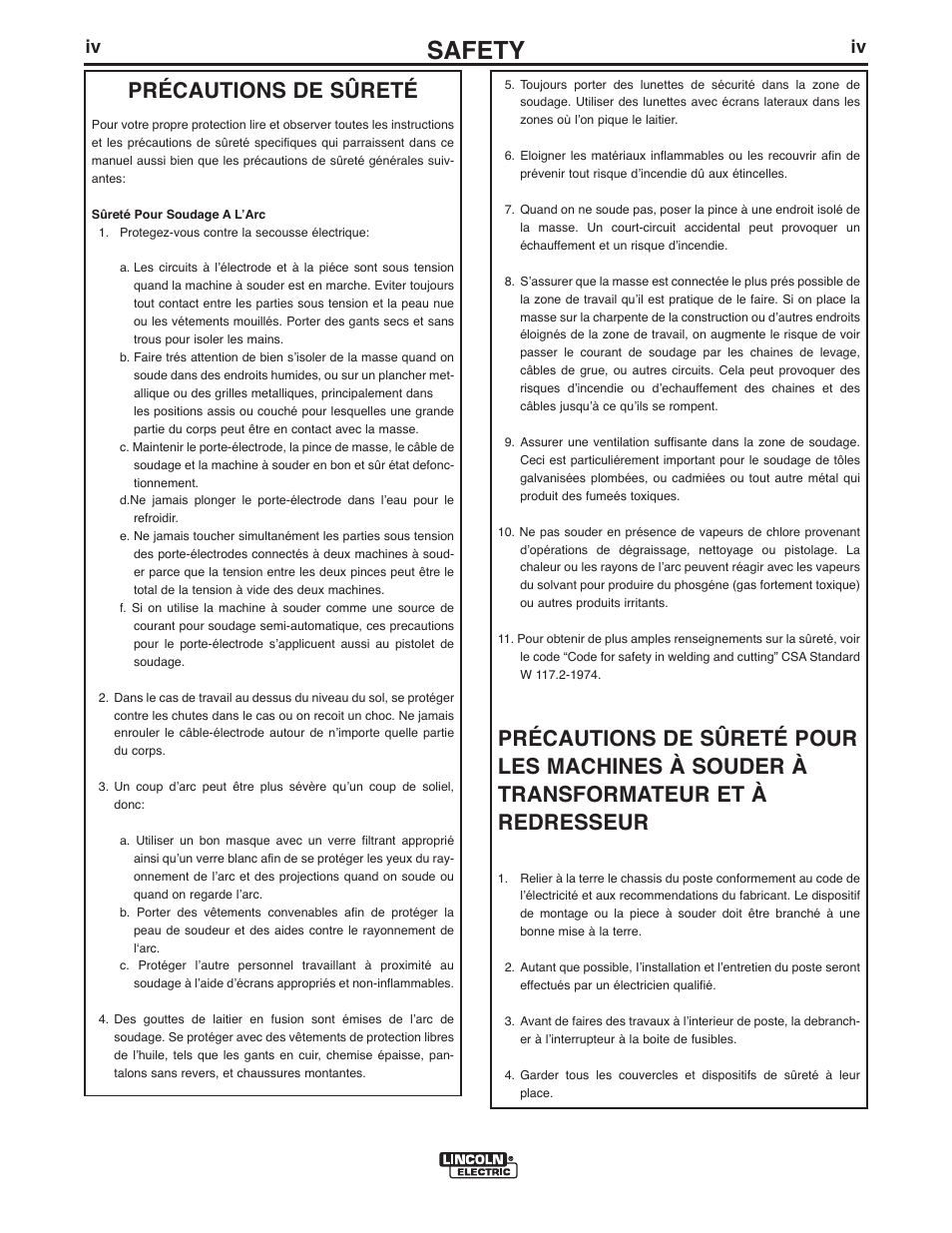 Safety, Précautions de sûreté | Lincoln Electric IM10009 MAGNUM PRO 250_350_450_550 User Manual | Page 5 / 27