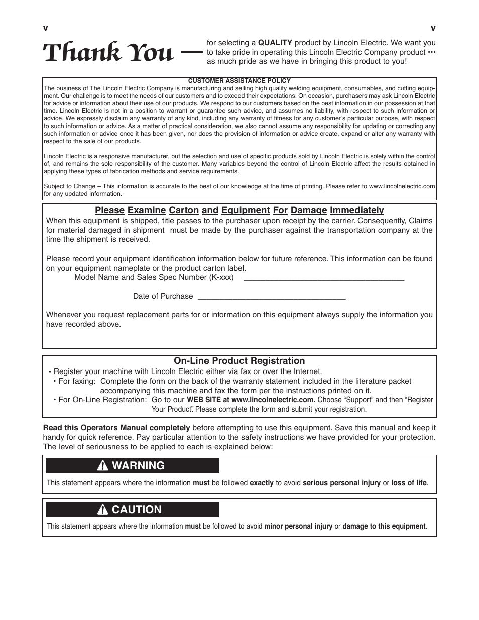 Warning, Caution | Lincoln Electric IM10009 MAGNUM PRO 250_350_450_550 User Manual | Page 6 / 27