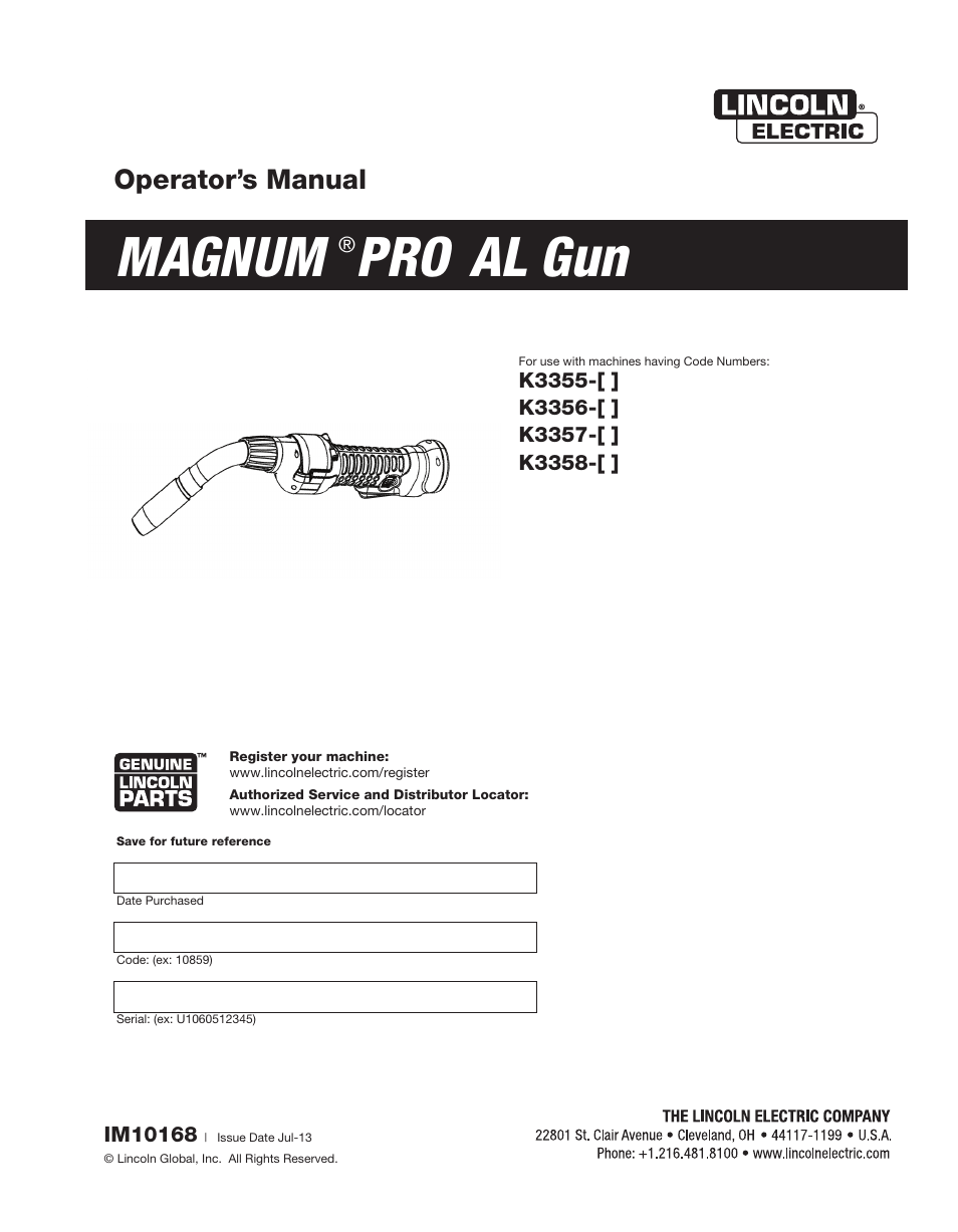 Lincoln Electric IM10168 K3355-,K3356-,K3357-,K3358- MAGNUM PRO AL Push Pull Gun User Manual | 28 pages