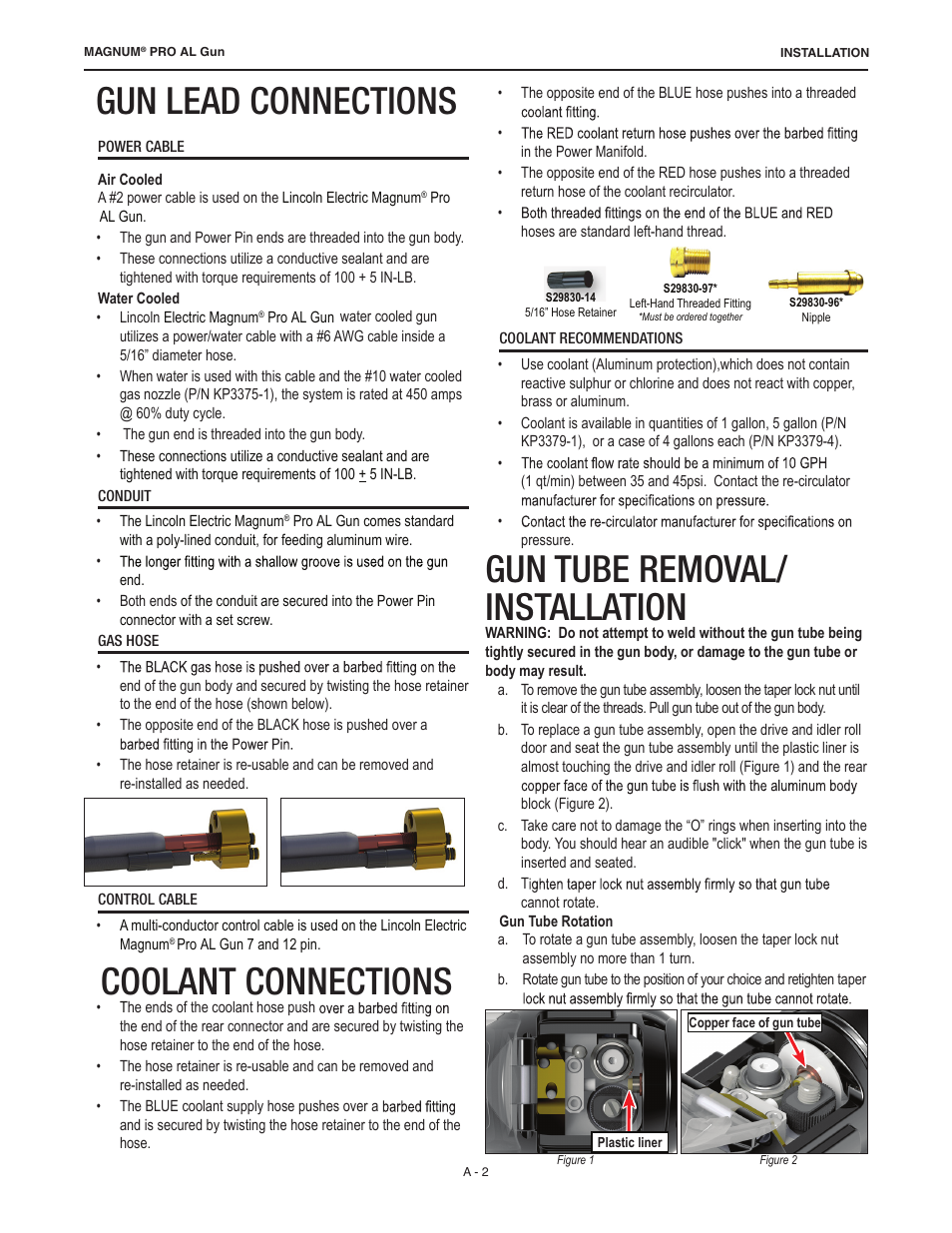 Gun lead connections, Coolant connections, Gun tube removal/ installation | Lincoln Electric IM10168 K3355-,K3356-,K3357-,K3358- MAGNUM PRO AL Push Pull Gun User Manual | Page 9 / 28