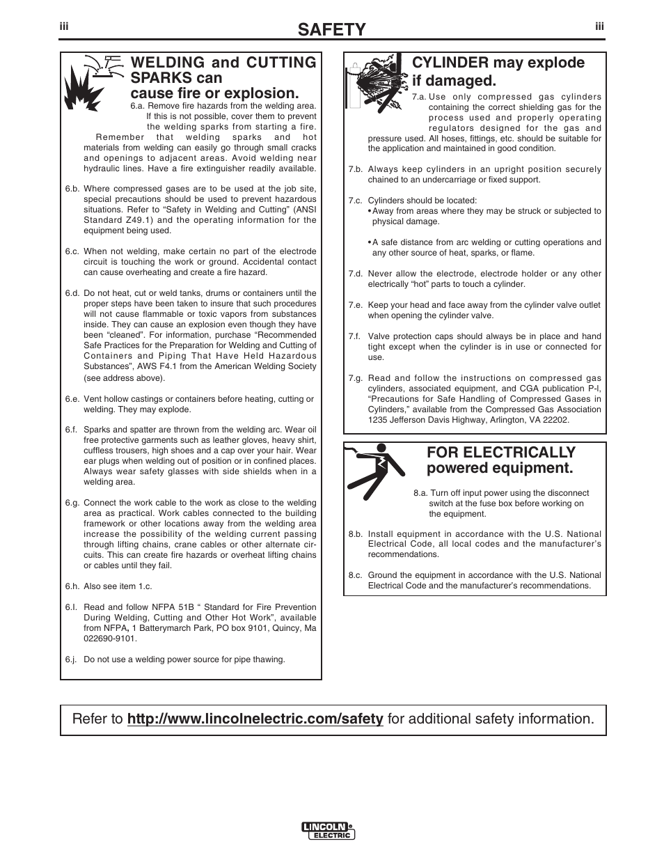 Safety, For electrically powered equipment, Cylinder may explode if damaged | Lincoln Electric IM10104 MAGNUM K3092-,K3093-,K3098-, K3130- PRO CURVE User Manual | Page 4 / 28