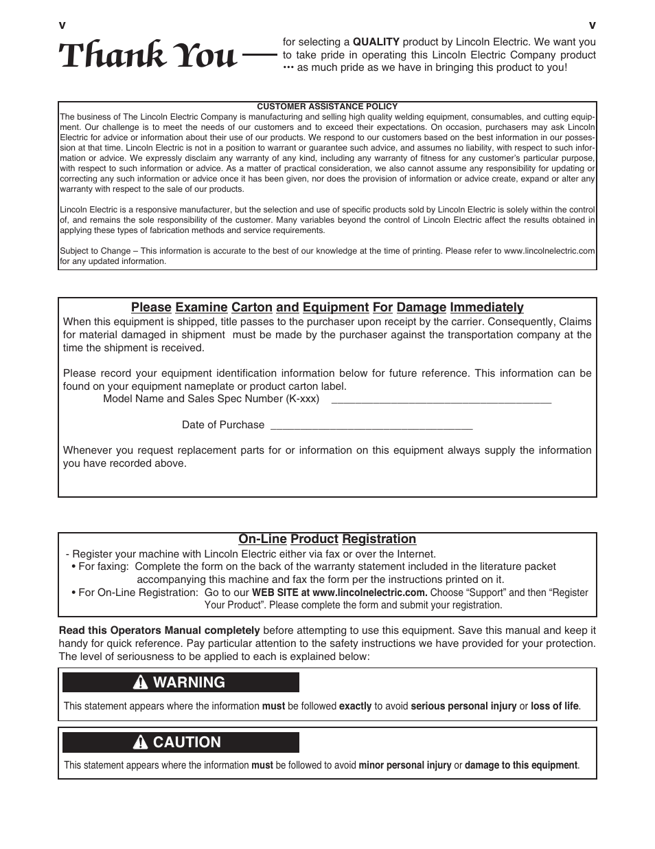 Warning, Caution | Lincoln Electric IM10104 MAGNUM K3092-,K3093-,K3098-, K3130- PRO CURVE User Manual | Page 6 / 28