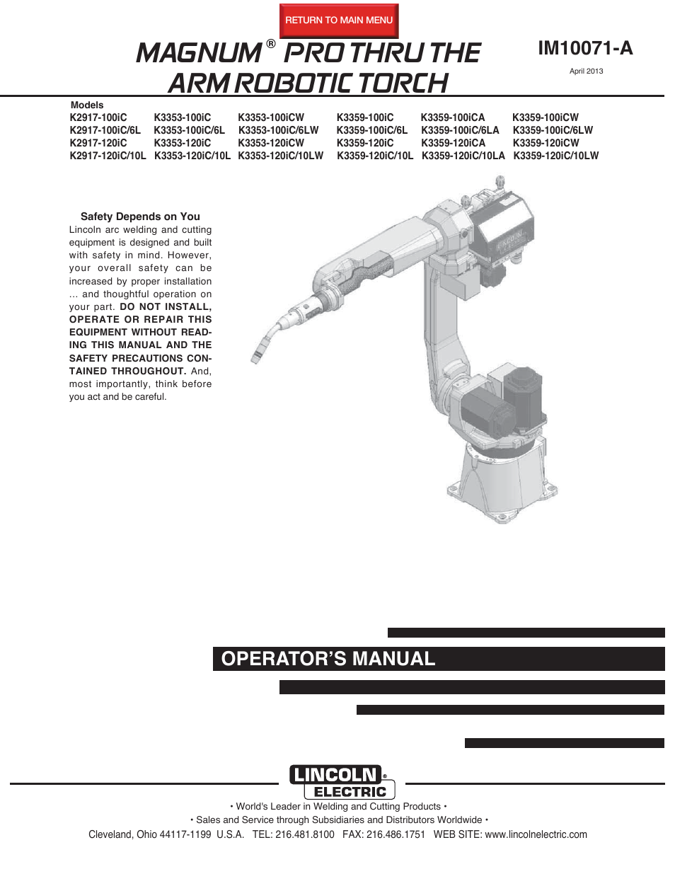Lincoln Electric IM10071 MAGNUM PRO THRU THE ARM ROBOTIC TORCH User Manual | 29 pages