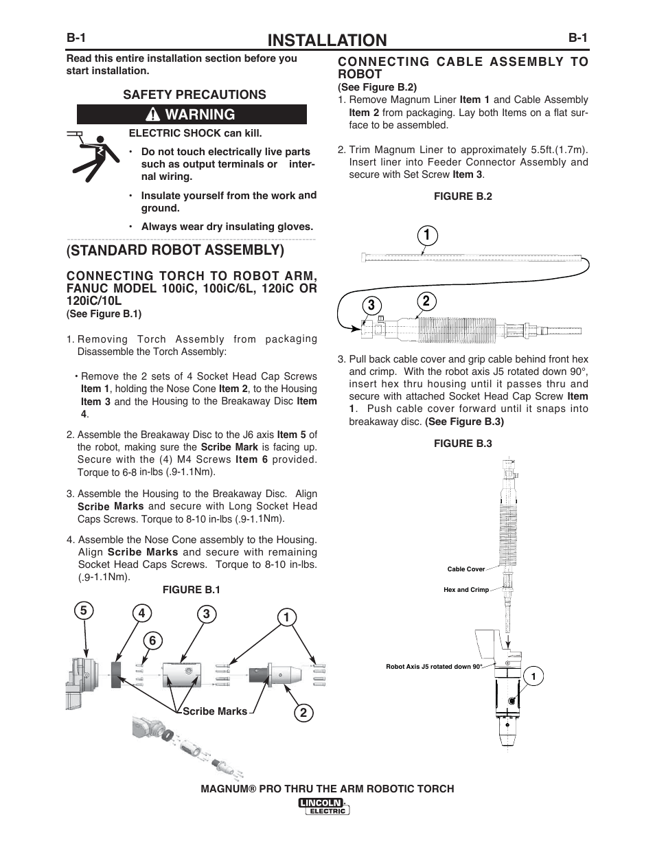 Installation, Standard robot assembly), Warning | Lincoln Electric IM10071 MAGNUM PRO THRU THE ARM ROBOTIC TORCH User Manual | Page 12 / 29