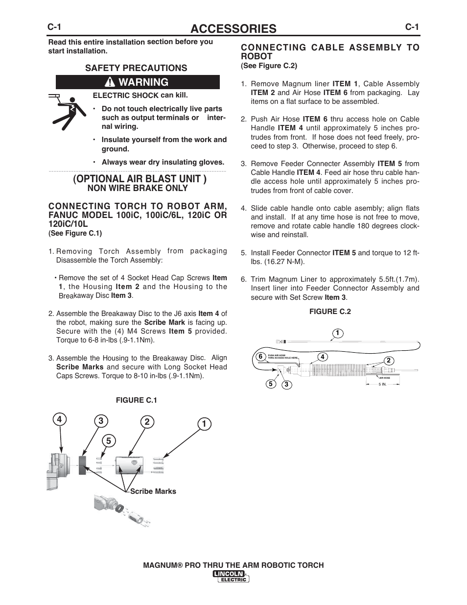 Accessories, Optional air blast unit ), Warning | Lincoln Electric IM10071 MAGNUM PRO THRU THE ARM ROBOTIC TORCH User Manual | Page 18 / 29