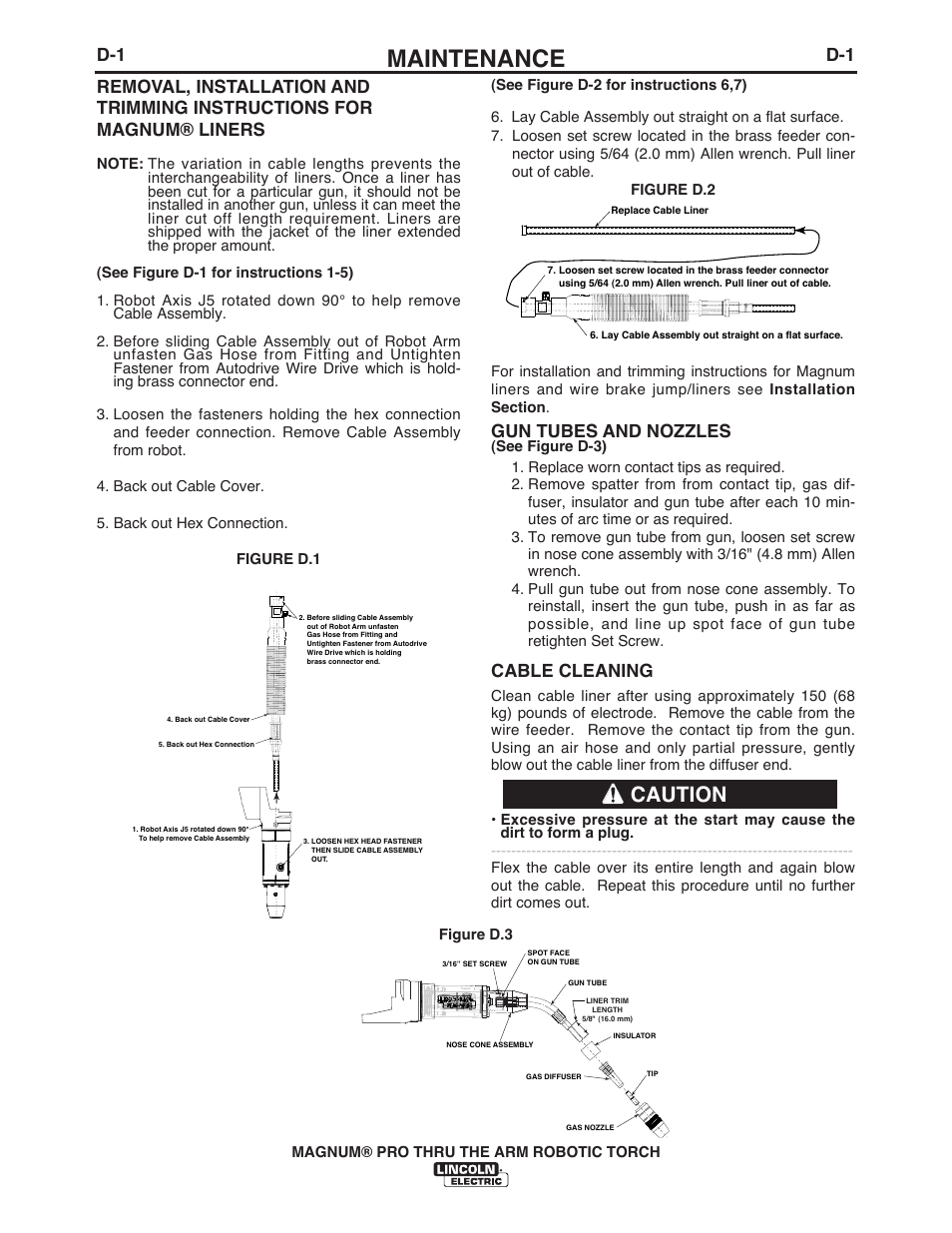 Maintenance, Caution, Gun tubes and nozzles | Cable cleaning | Lincoln Electric IM10071 MAGNUM PRO THRU THE ARM ROBOTIC TORCH User Manual | Page 22 / 29