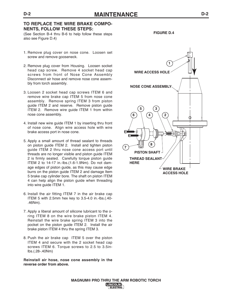 Maintenance | Lincoln Electric IM10071 MAGNUM PRO THRU THE ARM ROBOTIC TORCH User Manual | Page 23 / 29