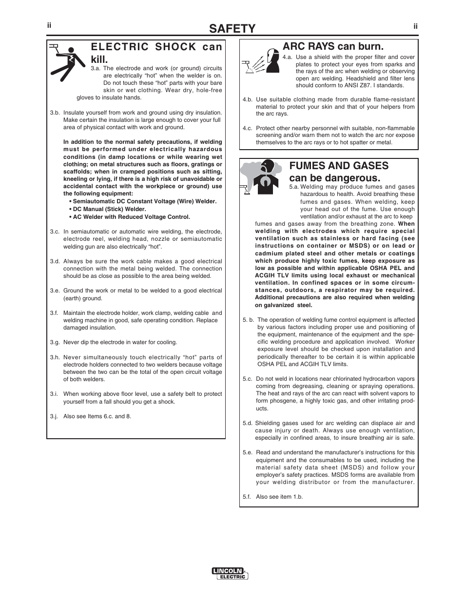 Safety, Arc rays can burn, Electric shock can kill | Fumes and gases can be dangerous | Lincoln Electric IM10071 MAGNUM PRO THRU THE ARM ROBOTIC TORCH User Manual | Page 3 / 29