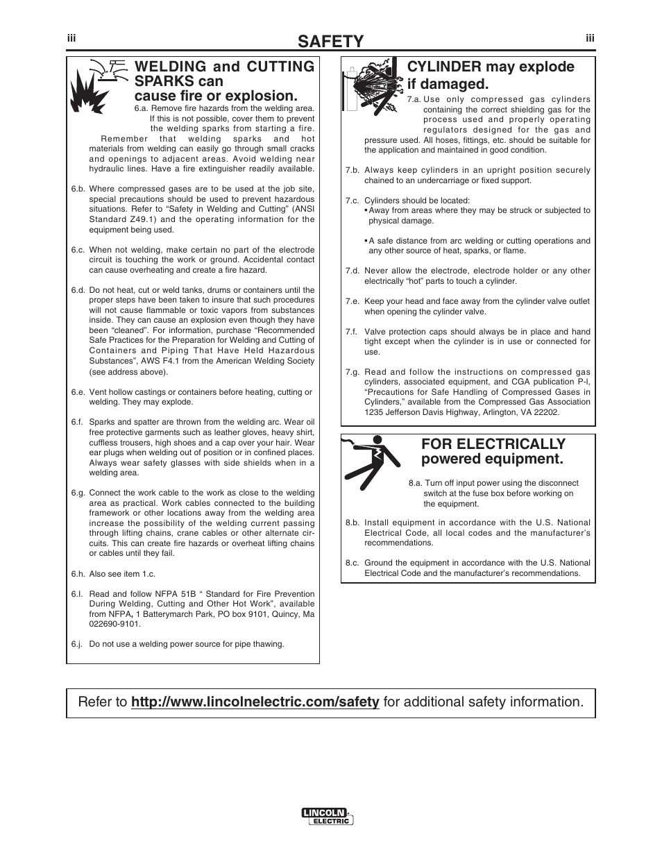 Safety, For electrically powered equipment, Cylinder may explode if damaged | Lincoln Electric IM10071 MAGNUM PRO THRU THE ARM ROBOTIC TORCH User Manual | Page 4 / 29