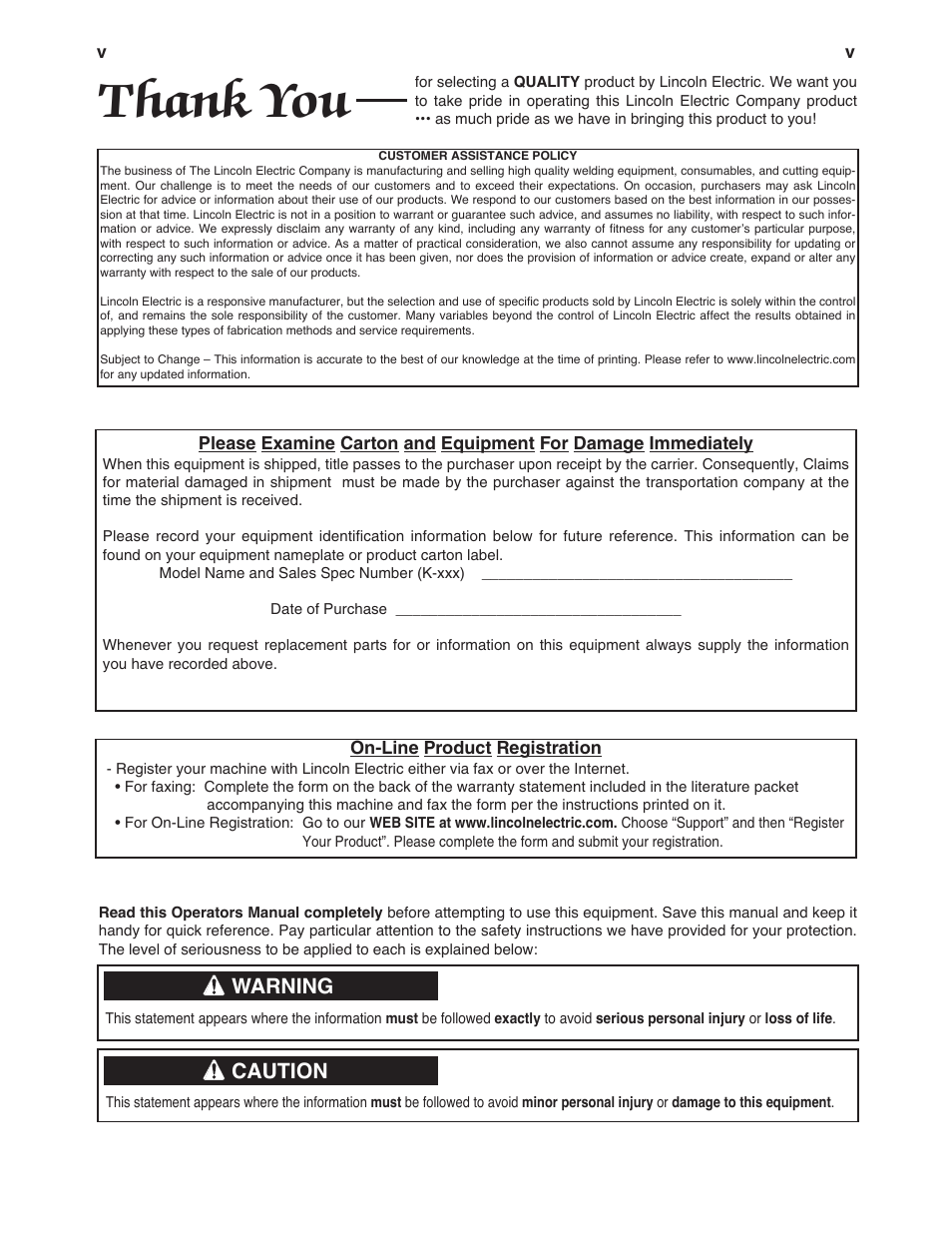 Warning, Caution | Lincoln Electric IM10071 MAGNUM PRO THRU THE ARM ROBOTIC TORCH User Manual | Page 6 / 29