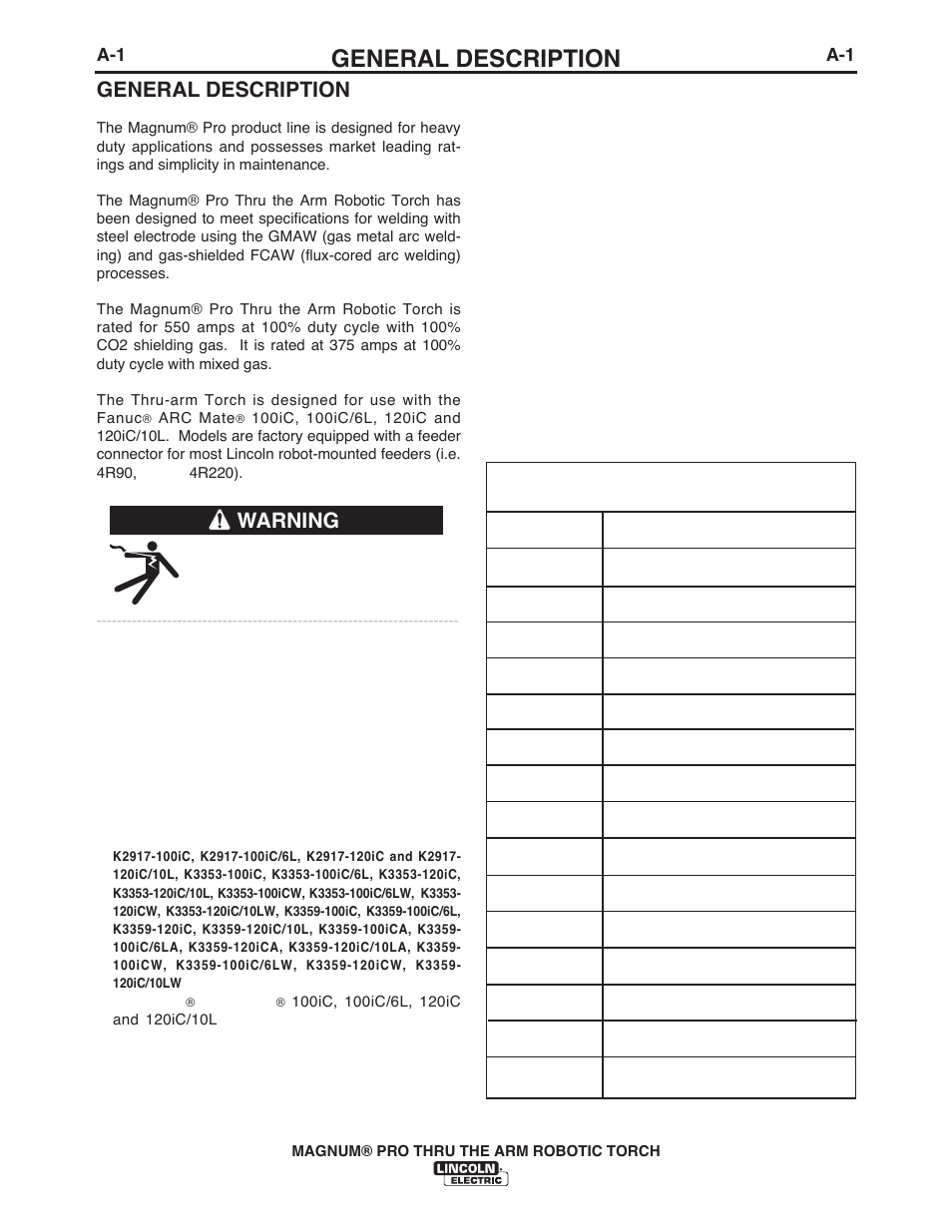 General description, Warning | Lincoln Electric IM10071 MAGNUM PRO THRU THE ARM ROBOTIC TORCH User Manual | Page 8 / 29