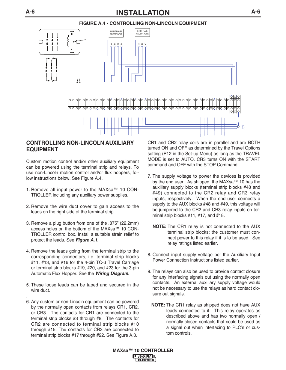 Installation, Controlling non-lincoln auxiliary equipment, Maxsa™ 10 controller | Lincoln Electric IM10023 MAXsa 10 CONTROLLER User Manual | Page 13 / 48