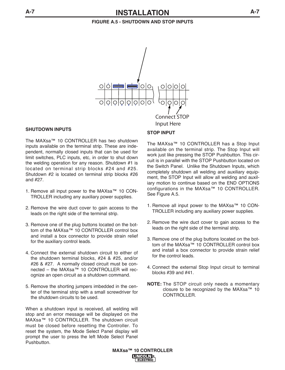 Installation, Shorting jumper connect stop input here | Lincoln Electric IM10023 MAXsa 10 CONTROLLER User Manual | Page 14 / 48