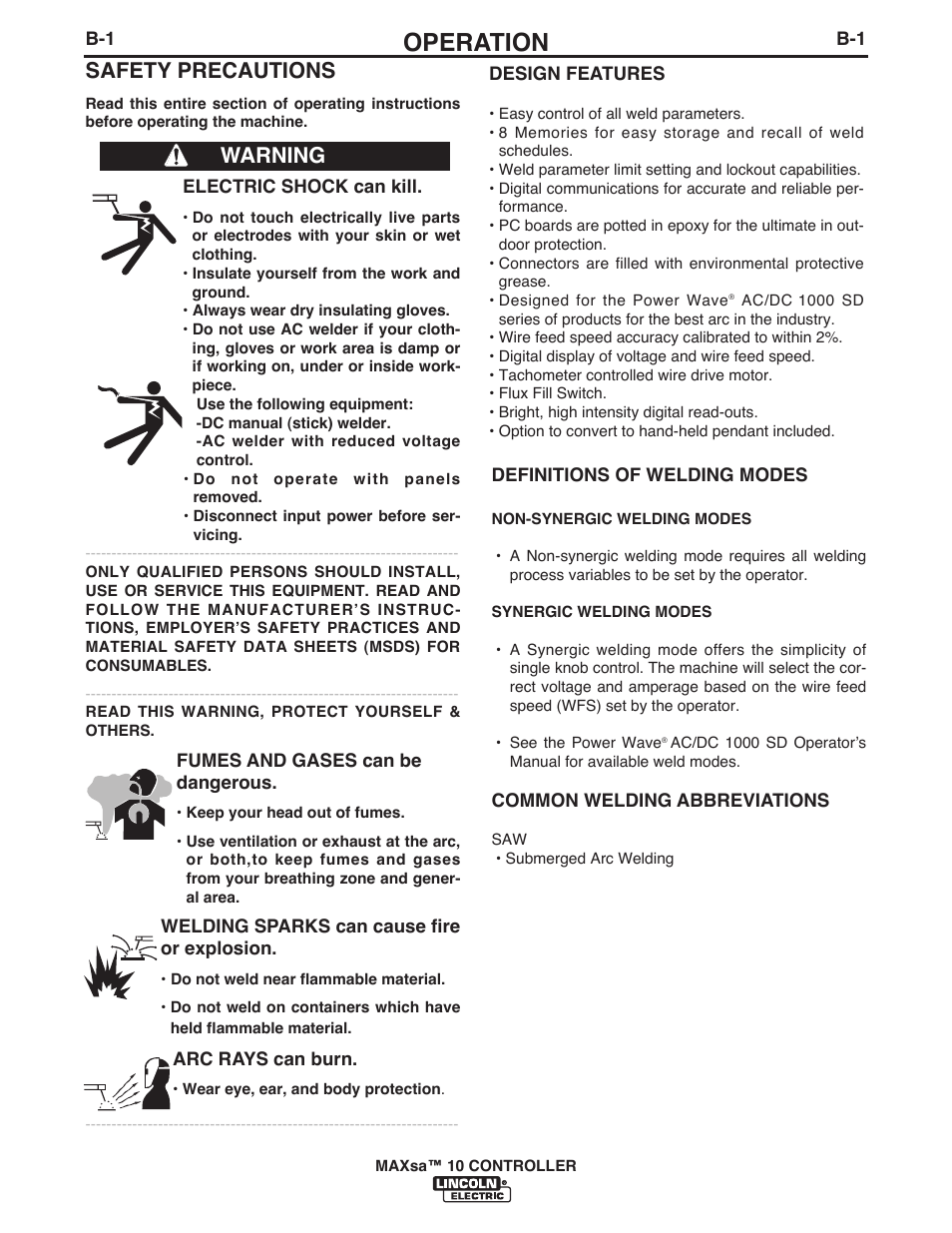 Operation, Safety precautions, Warning | Lincoln Electric IM10023 MAXsa 10 CONTROLLER User Manual | Page 16 / 48