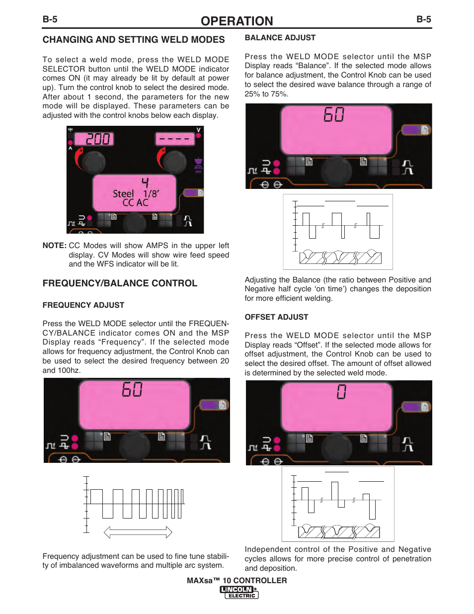 Operation, Hz frequency, Hz balance | Percent dc offset, B-5 changing and setting weld modes, Frequency/balance control | Lincoln Electric IM10023 MAXsa 10 CONTROLLER User Manual | Page 20 / 48