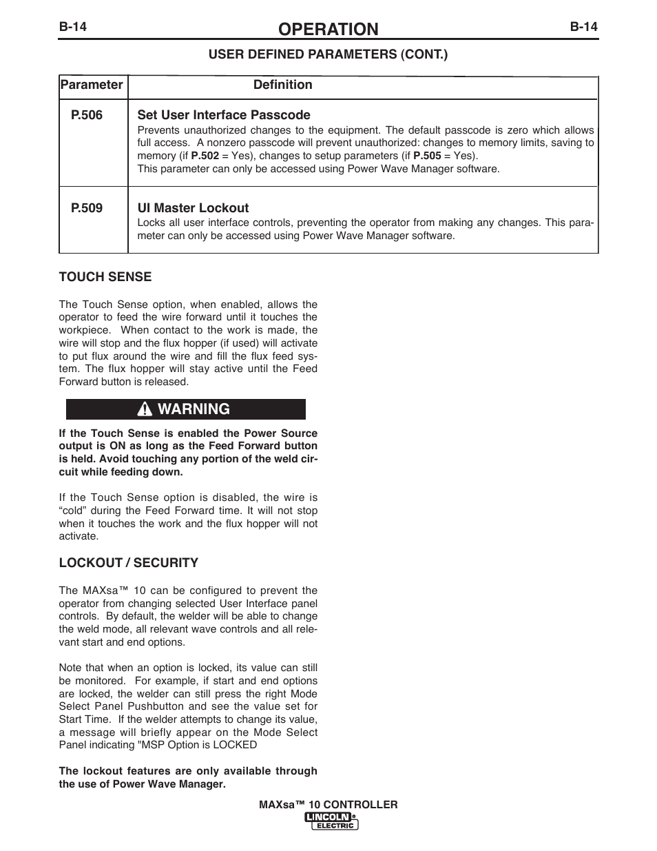 Operation, Warning | Lincoln Electric IM10023 MAXsa 10 CONTROLLER User Manual | Page 29 / 48