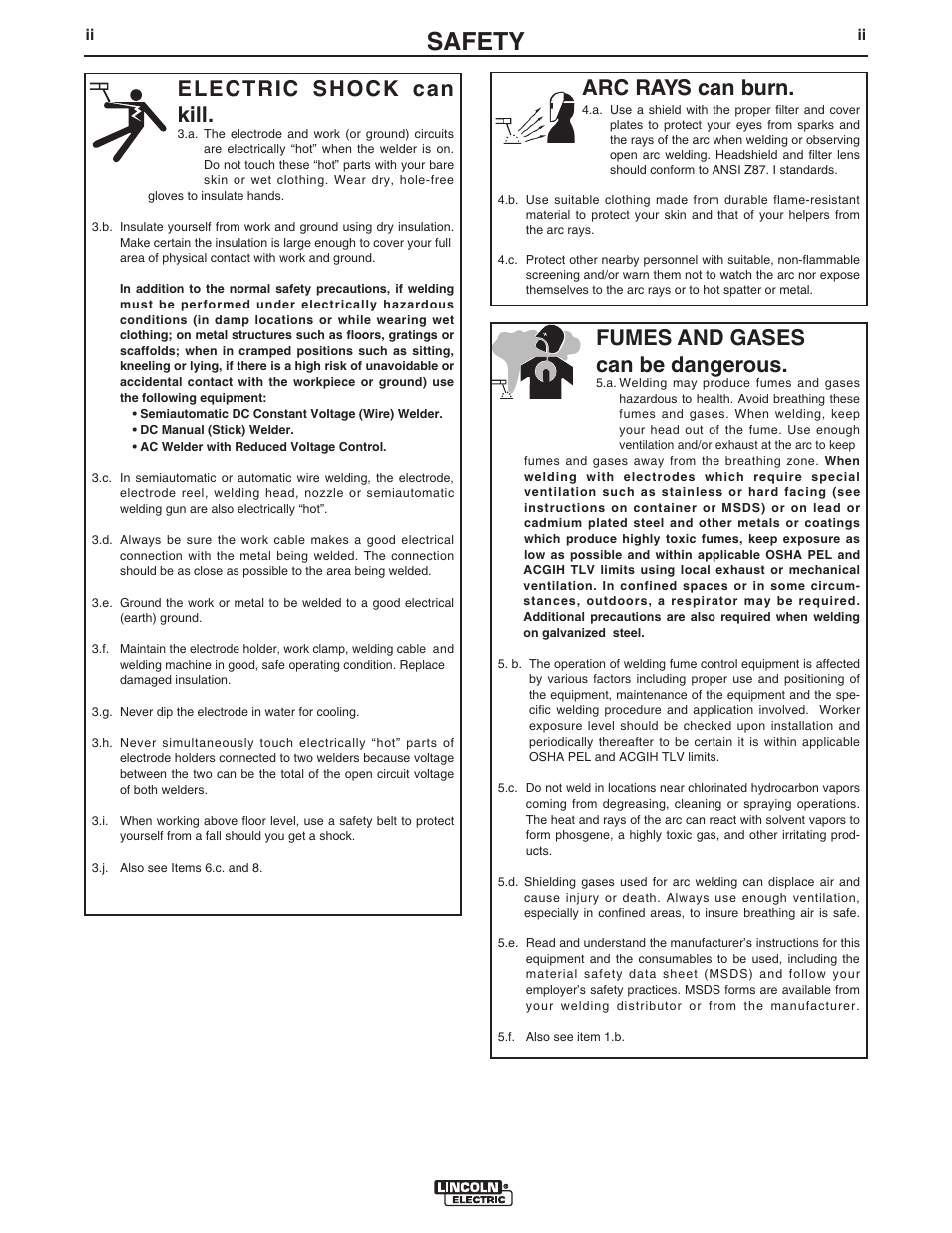Safety, Arc rays can burn, Electric shock can kill | Fumes and gases can be dangerous | Lincoln Electric IM10023 MAXsa 10 CONTROLLER User Manual | Page 3 / 48