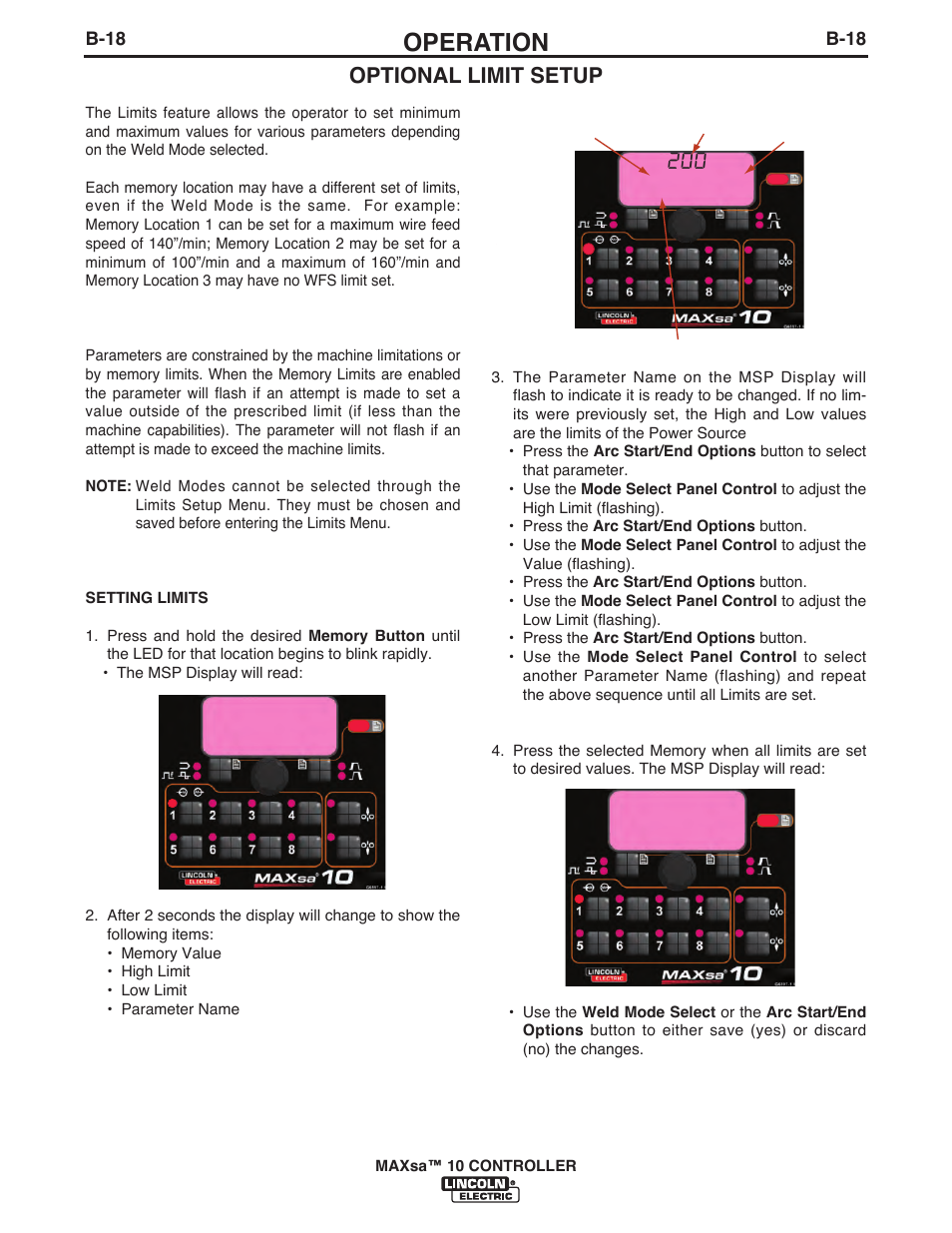 Operation, Optional limit setup, B-18 | Lincoln Electric IM10023 MAXsa 10 CONTROLLER User Manual | Page 33 / 48