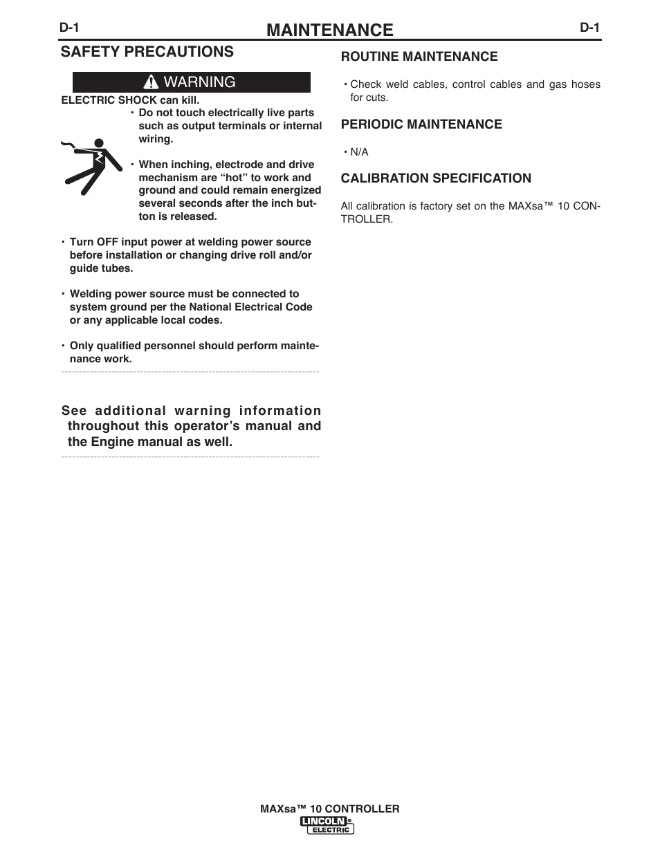 Maintenance, Safety precautions, Warning | Lincoln Electric IM10023 MAXsa 10 CONTROLLER User Manual | Page 35 / 48