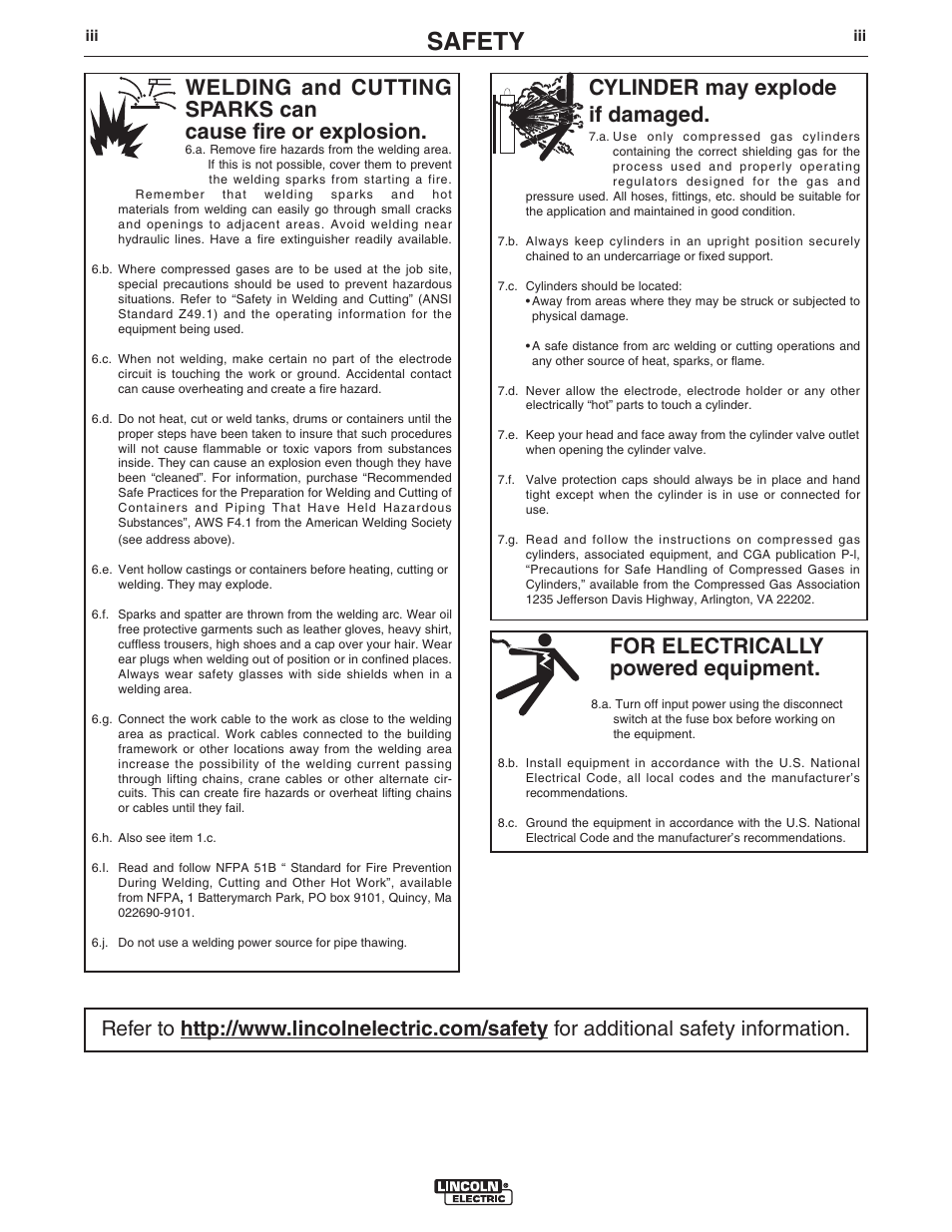 Safety, For electrically powered equipment, Cylinder may explode if damaged | Lincoln Electric IM10023 MAXsa 10 CONTROLLER User Manual | Page 4 / 48