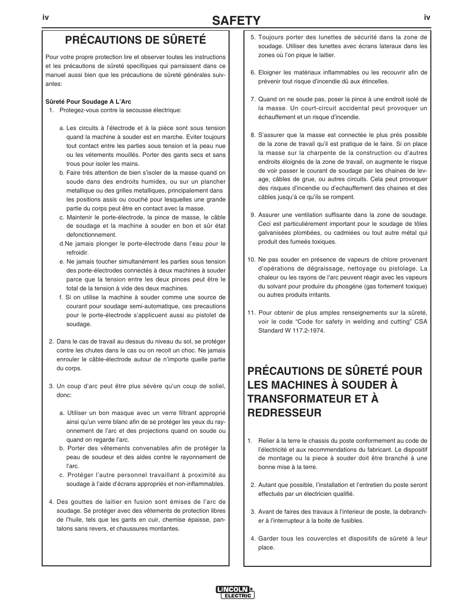 Safety, Précautions de sûreté | Lincoln Electric IM10023 MAXsa 10 CONTROLLER User Manual | Page 5 / 48
