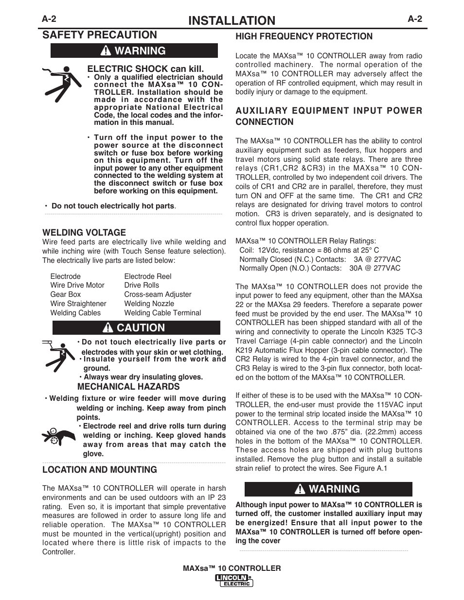 Installation, Safety precaution, Warning | Warning caution | Lincoln Electric IM10023 MAXsa 10 CONTROLLER User Manual | Page 9 / 48