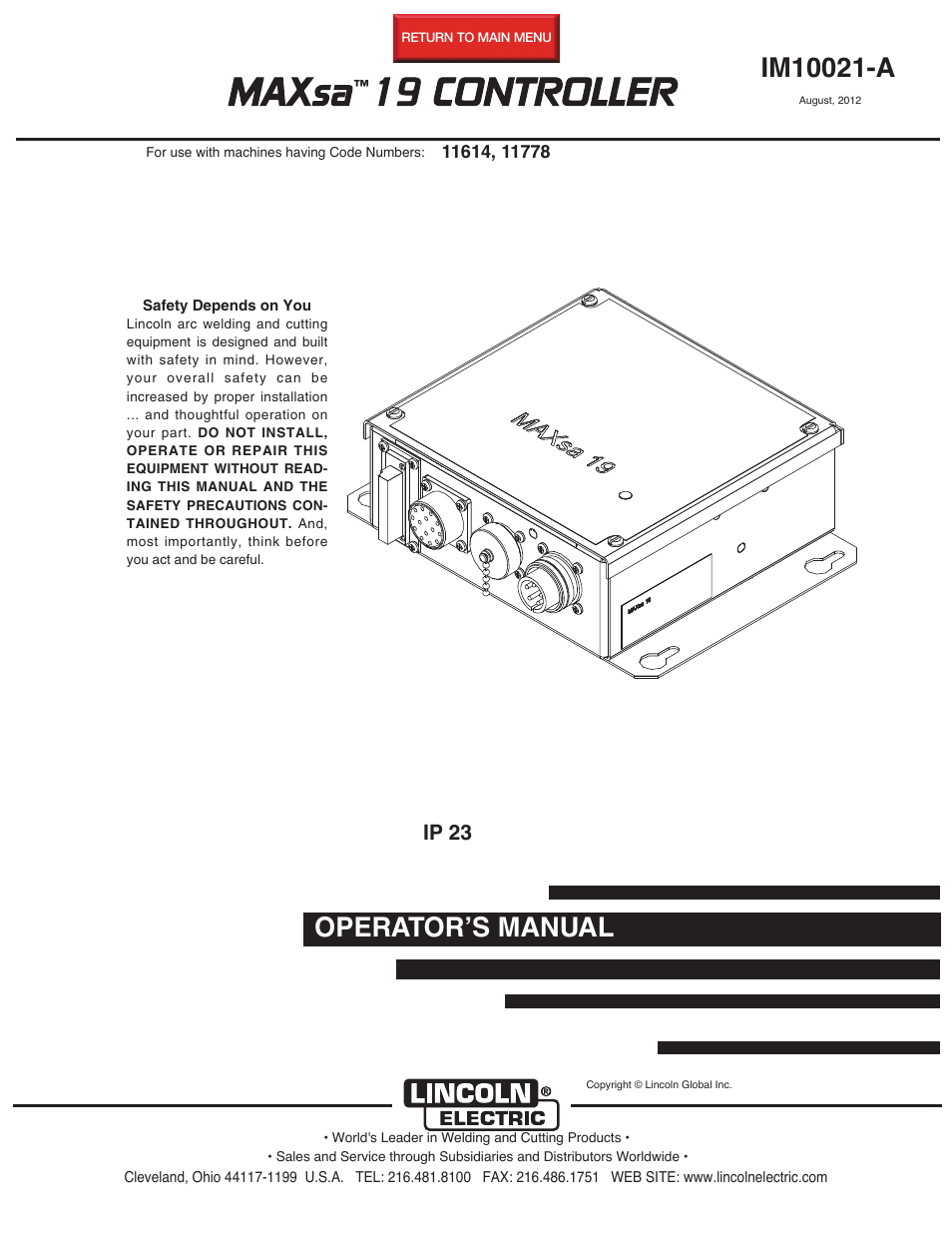 Lincoln Electric IM10021 MAXsa 19 CONTROLLER User Manual | 28 pages