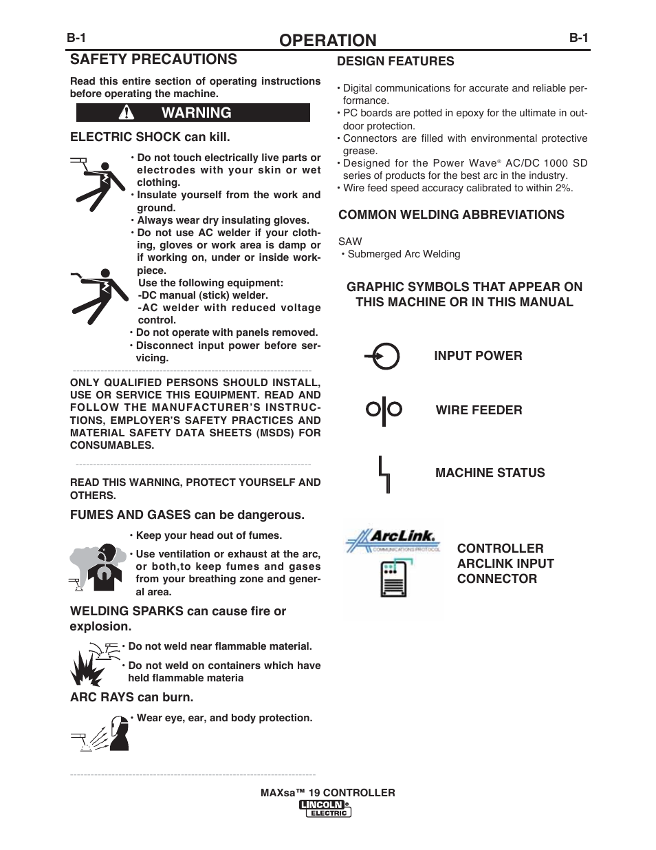 Operation, Safety precautions, Warning | Lincoln Electric IM10021 MAXsa 19 CONTROLLER User Manual | Page 13 / 28