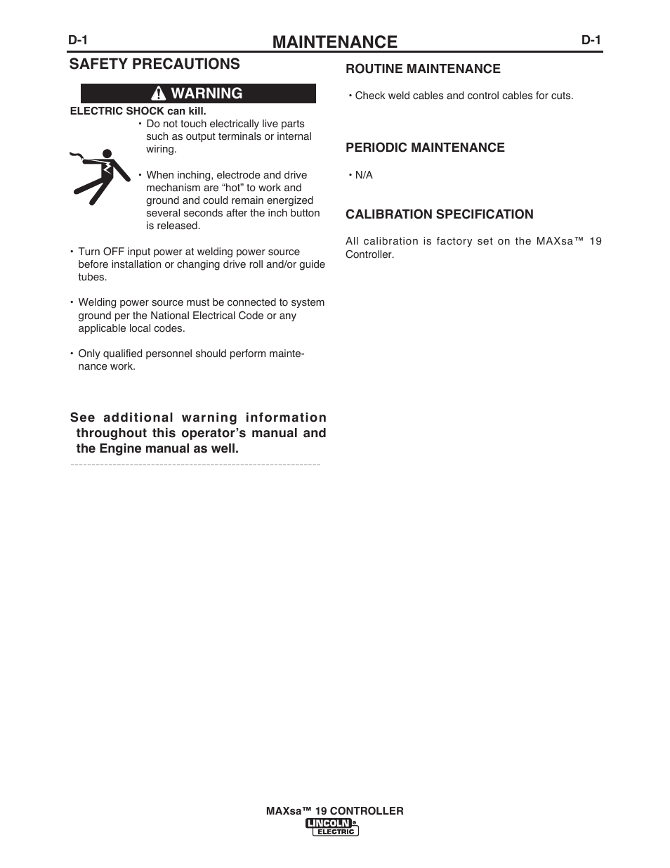 Maintenance, Safety precautions, Warning | Lincoln Electric IM10021 MAXsa 19 CONTROLLER User Manual | Page 16 / 28
