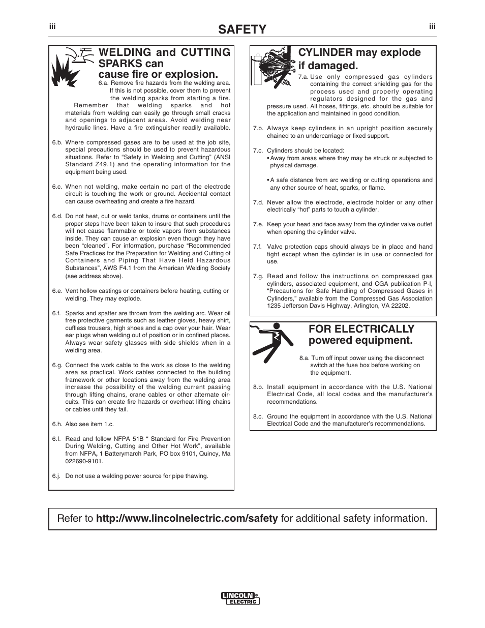 Safety, For electrically powered equipment, Cylinder may explode if damaged | Lincoln Electric IM10021 MAXsa 19 CONTROLLER User Manual | Page 4 / 28