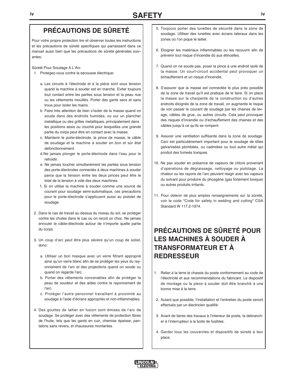 Safety, Précautions de sûreté | Lincoln Electric IM10021 MAXsa 19 CONTROLLER User Manual | Page 5 / 28