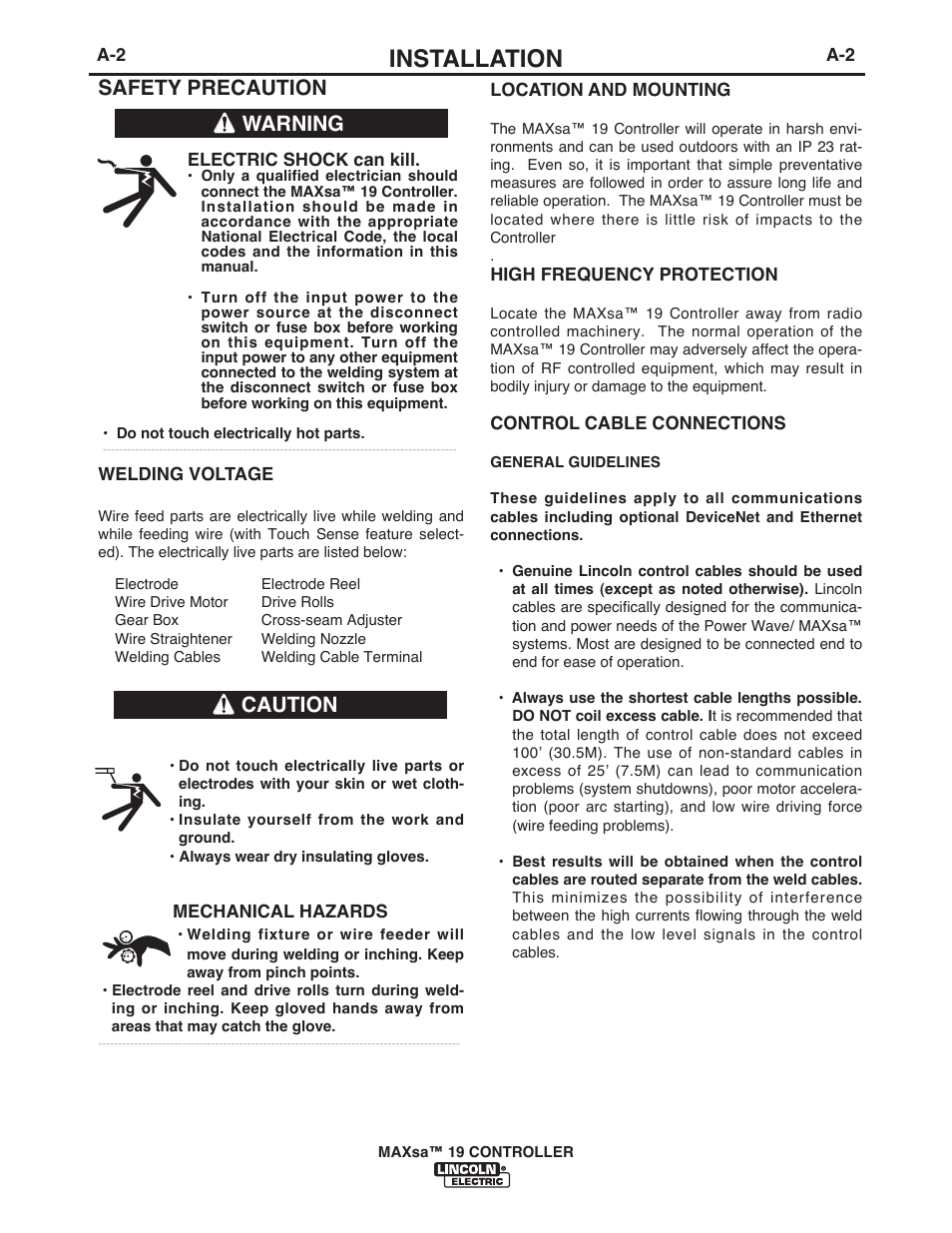 Installation, Safety precaution, Warning caution | Lincoln Electric IM10021 MAXsa 19 CONTROLLER User Manual | Page 9 / 28