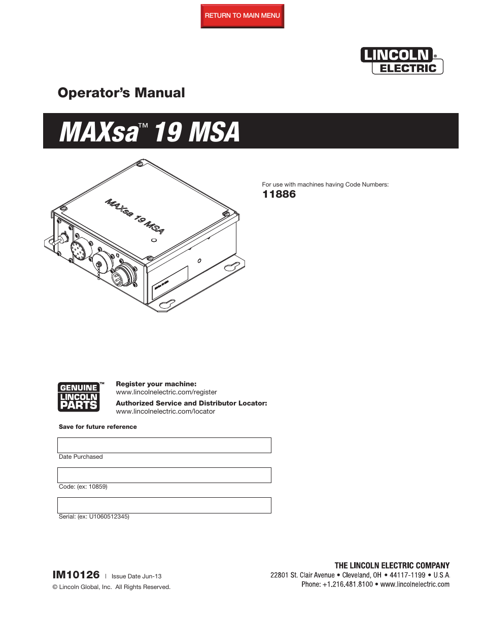 Lincoln Electric IM10126 MAXsa 19 MSA User Manual | 28 pages