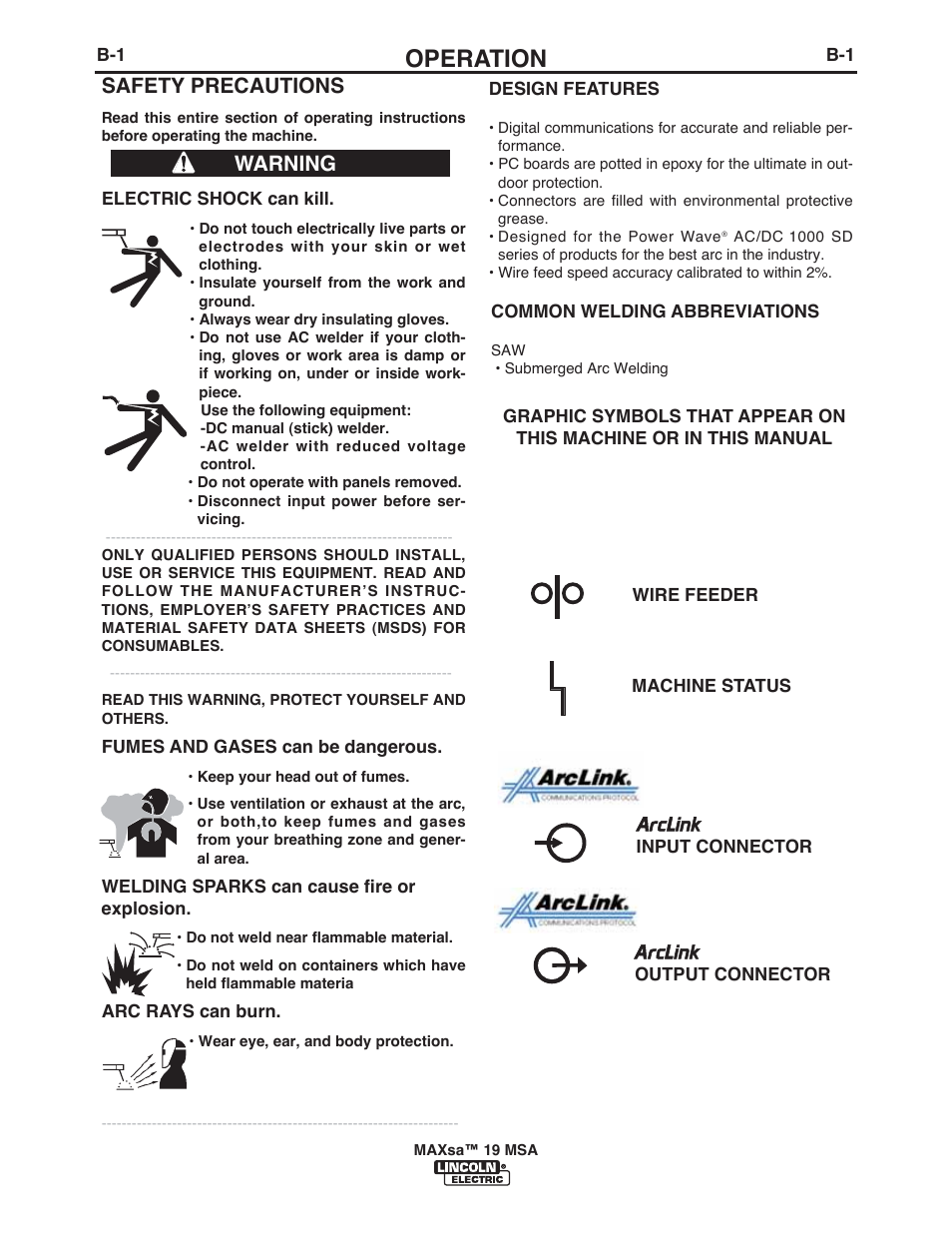 Operation, Safety precautions, Warning | Lincoln Electric IM10126 MAXsa 19 MSA User Manual | Page 11 / 28