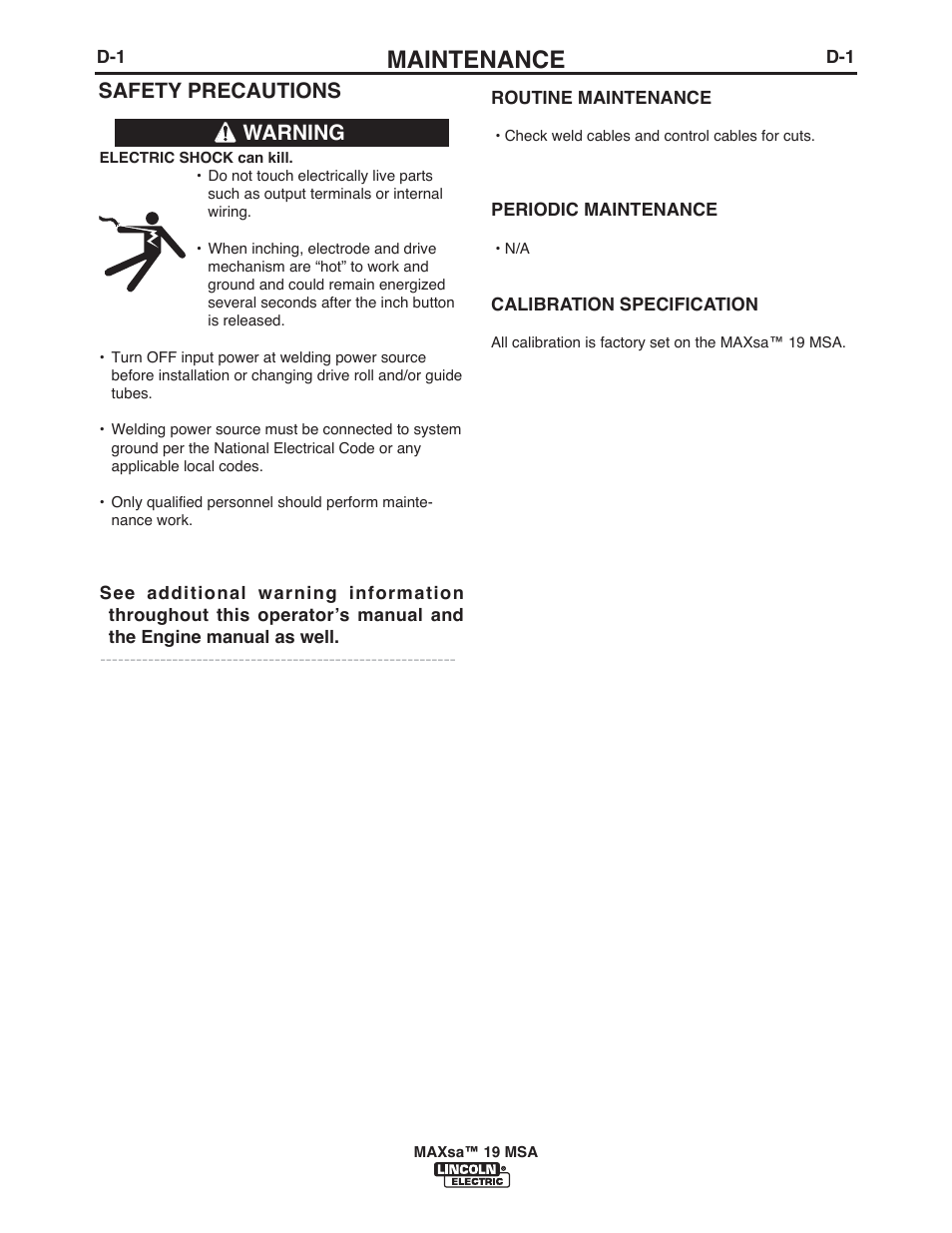 Maintenance, Safety precautions, Warning | Lincoln Electric IM10126 MAXsa 19 MSA User Manual | Page 14 / 28